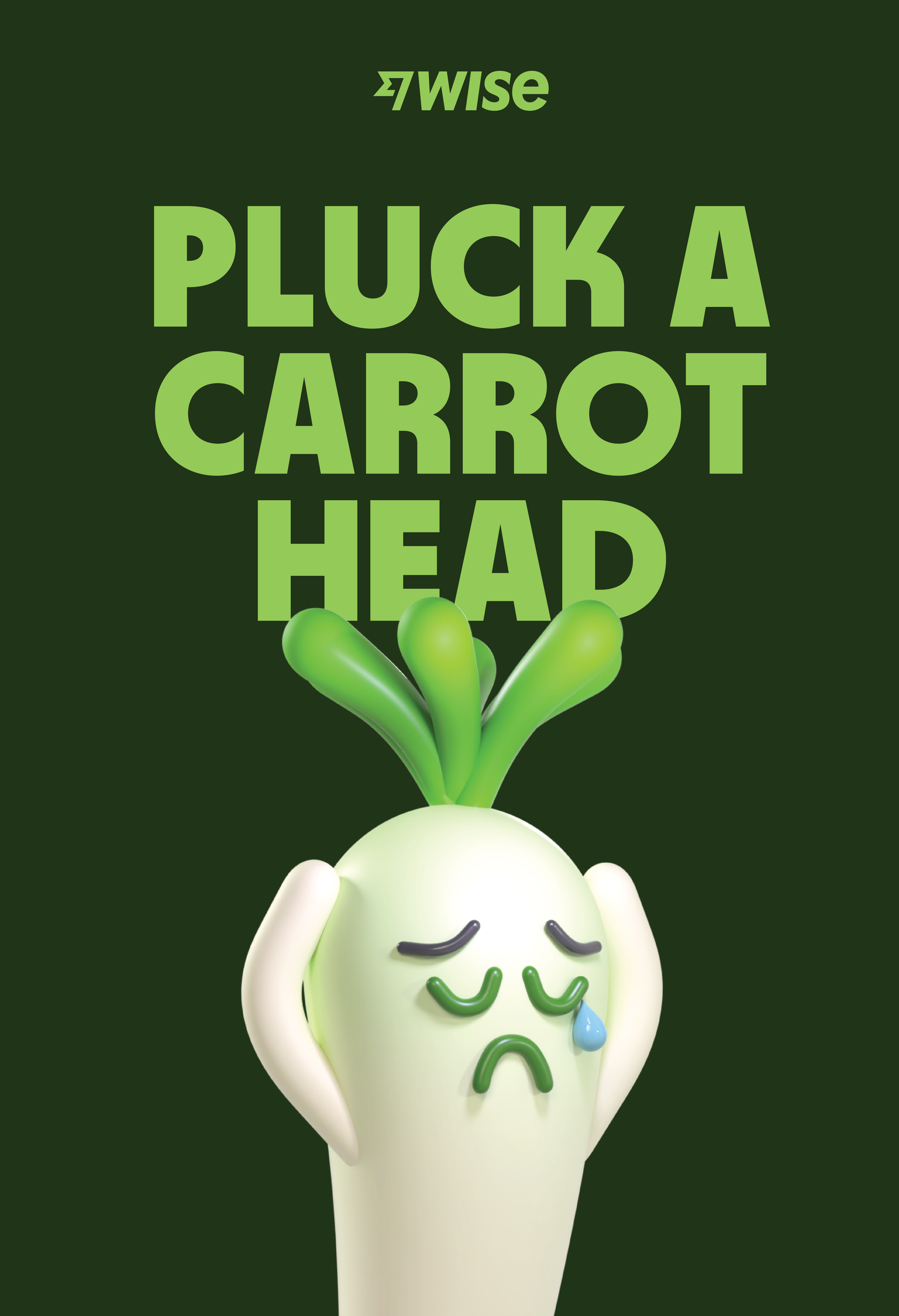 Cartoon character with a onion body and green sprout hair, crying and sad, with the words 'Puck a carrot head' above.