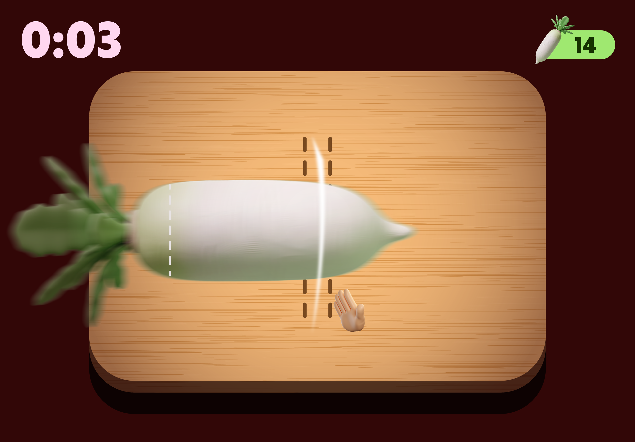 Digital game screen showing a number 14 in a green box with a white radish icon. There is a timer displaying 0:03 in pink text. In the center, part of a stylized white radish with green leaves on the left and a small hand and fingers of a cartoon character at the bottom.
