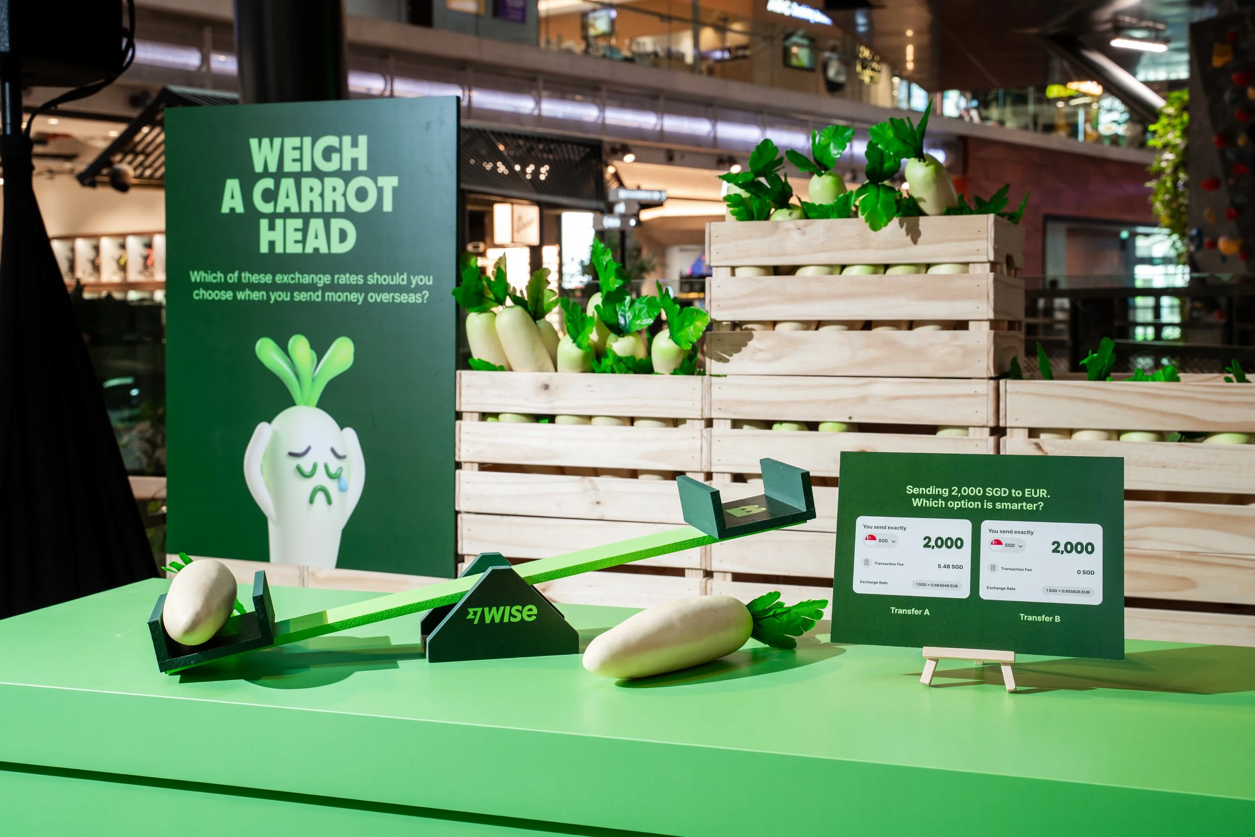 A display at an indoor location featuring a sign that reads 'WEIGH A CARROT HEAD' with a cartoon character of a sad carrot head with tears. There are wooden crates filled with decorative white porcelain carrots with green leafy tops. A green table has a scale and signs indicating money transfer options. The background shows a shopping mall with multiple floors and various store signs.