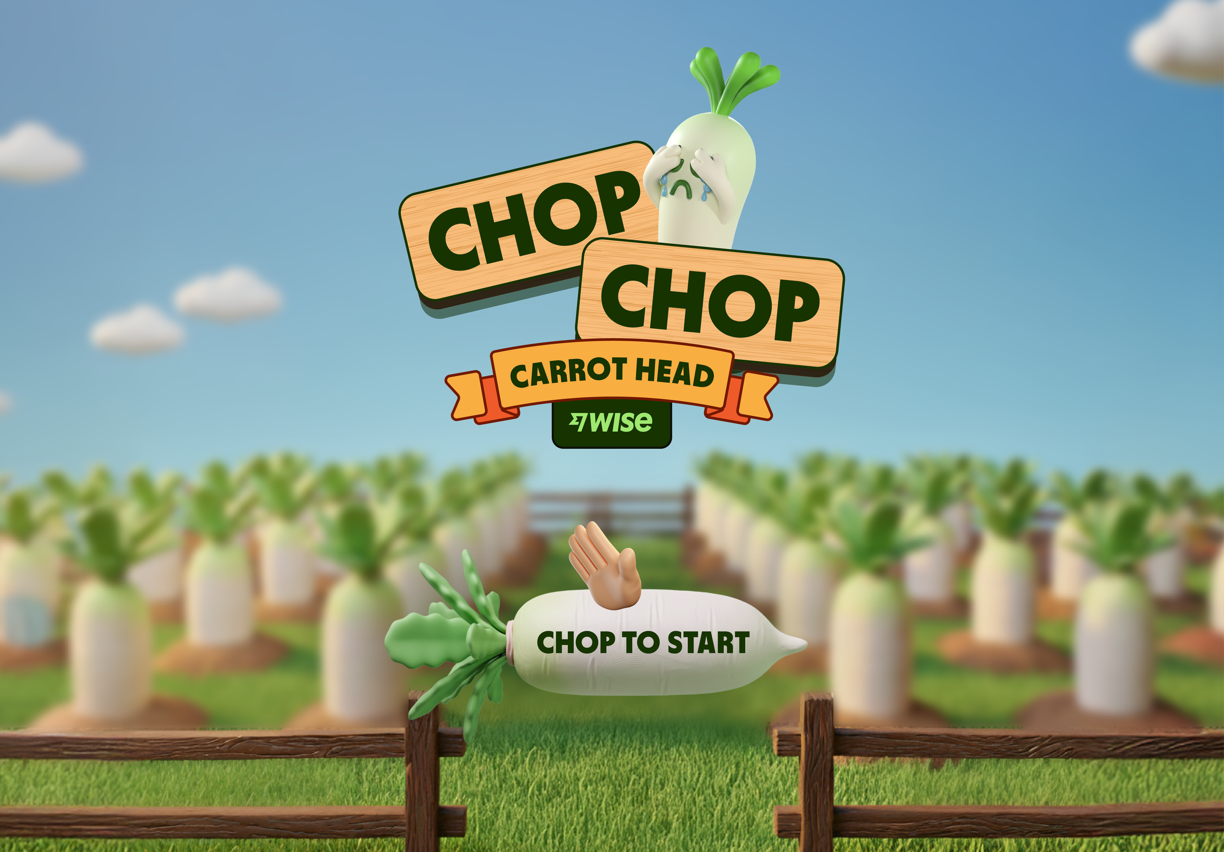 Animated scene of a cartoon white radish with green leaves, crying and holding its face, with signs that say 'Chop' and 'Chop Carrot Head', set in a vegetable farm with rows of potted plants in clay pots and a blue sky with scattered clouds.