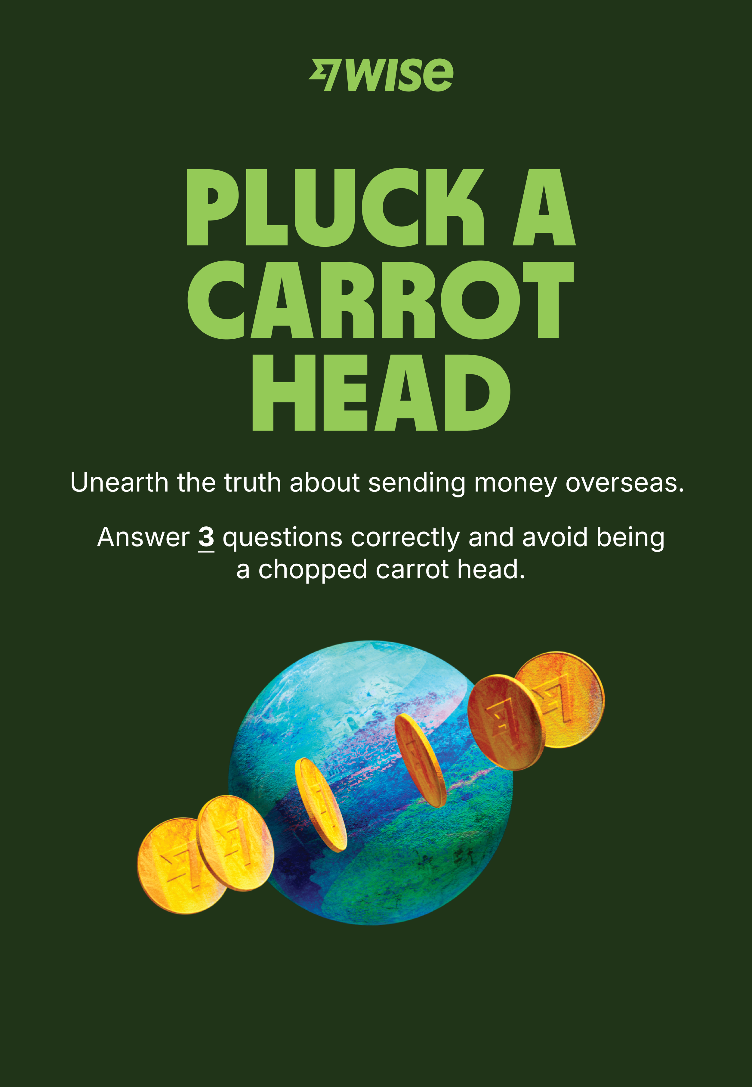 A digital graphic promoting a game called 'Pluck a Carrot Head' by 7wise, with a graphic of a globe and multiple floating coins.