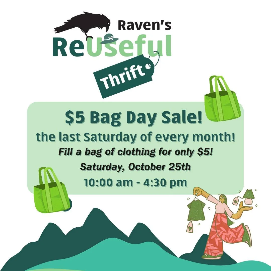 ✨ We're back with another $5 Bag Day Sale Reuseful Store fans! ✨
Come by tomorrow and score amazing thrifts at Raven's Reuseful Thrift Store for only $5 a bag - fill it with as much clothes as you can.
See you there! 😊