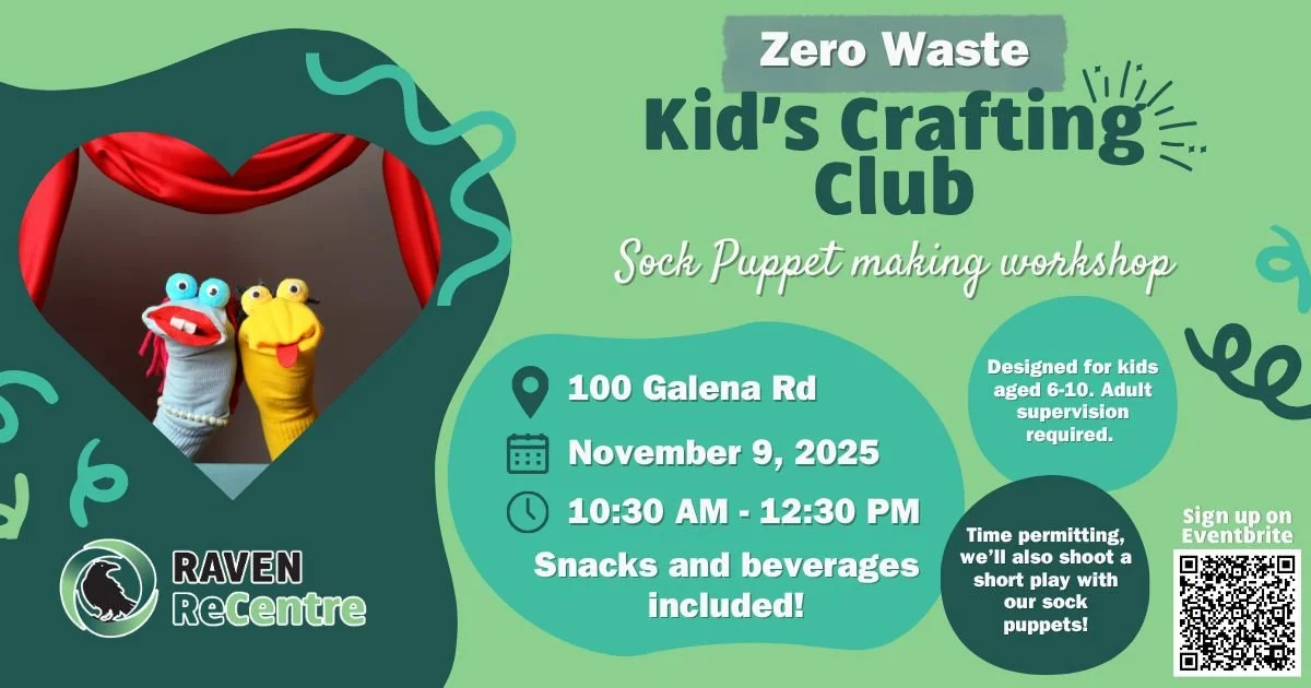 Join us for our monthly Zero Waste Kid's Crafting Club at Raven!

We'll be joined by local kid crafters extraordinaire Nellie and Lutra to make sock puppets from recycled and reused materials 🧦.

Time permitting, we'll also be doing a short play wit