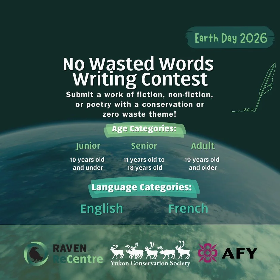 Good day one and all! (a French version of this text will be available below). 

Raven ReCentre and the Yukon Conservation Society, in partnership with Association franco-yukonnaise - AFY , is hosting our annual No Wasted Word Writing Contest!

We ha