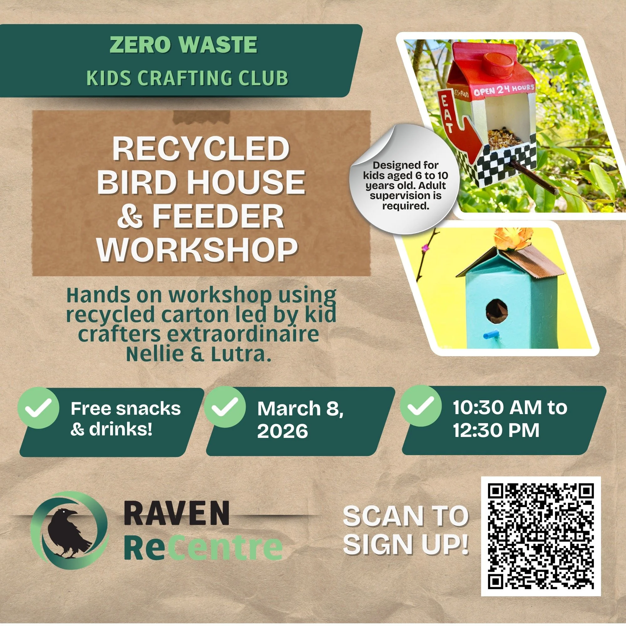 Good day folks! Raven's Zero Waste Kid's Crafting Club is back with another session.

This Sunday, March 8 we will be making bird feeders and houses for the (hopefully soon) Spring season! 

Using recycled carton, we'll be creating sustainable cribs 