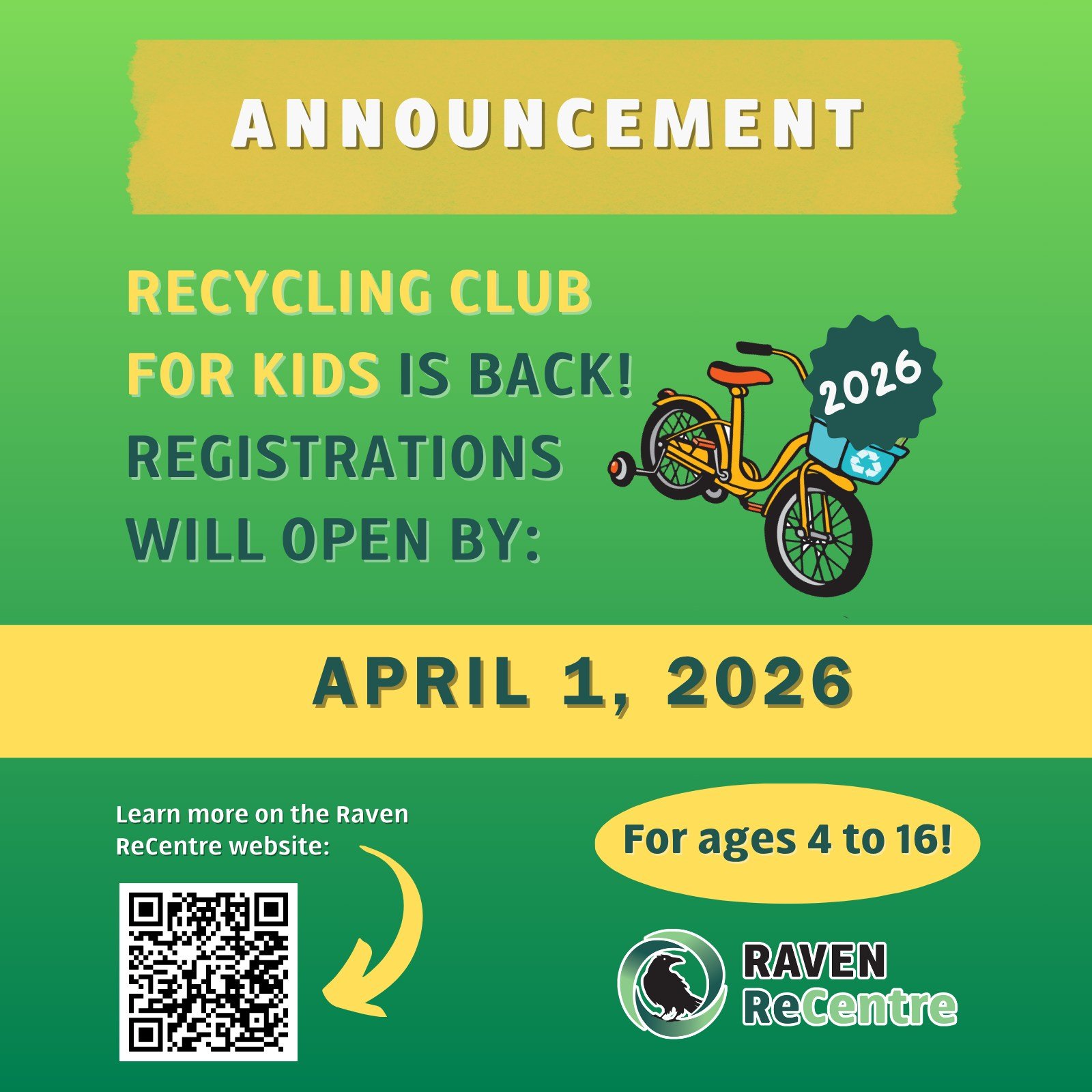 Yukon Recycling Club for Kids is back on! Registration will open on April 1st, and you can now start collecting points for kids aged 4 to 16 from your refundables. ♻

To register, you can scan the QR code on the left by April 1st. If you have any pro