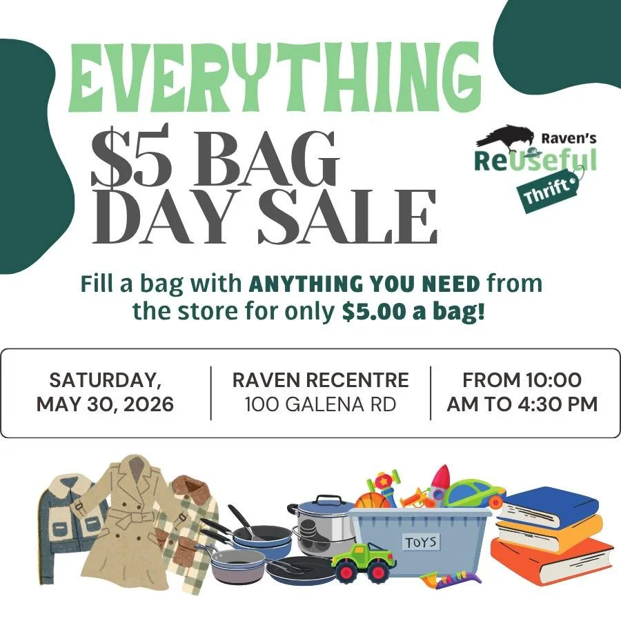 Raven Reuseful Thrift Store fans... boy do we have ✨phenomenal news✨ for you!

Tomorrow is Reuseful's first ever... Everything $5 Bag Day Sale!

Everything in the store that you can fit in the bags we give... is only $5 a bag.

Whether its:

👉 Cloth