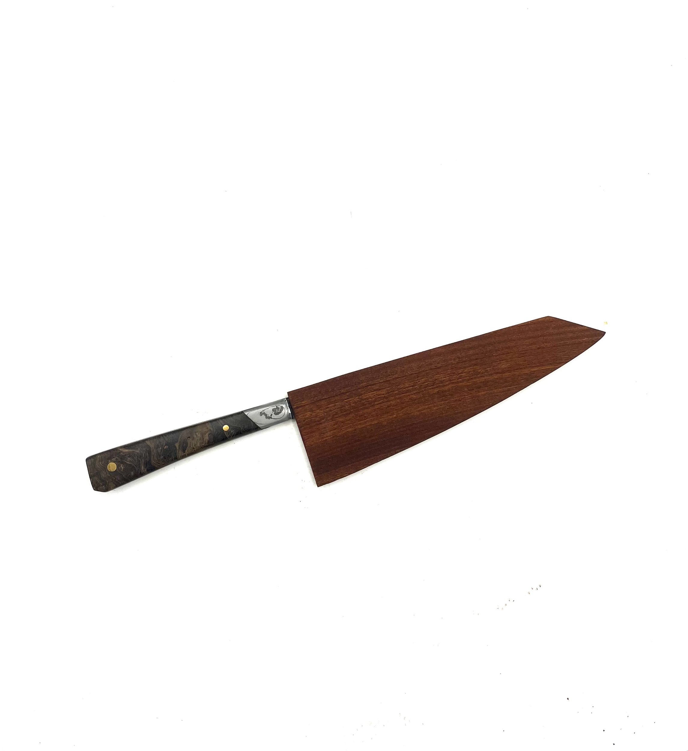 Gyuto with ash burl handle with walnut sheath