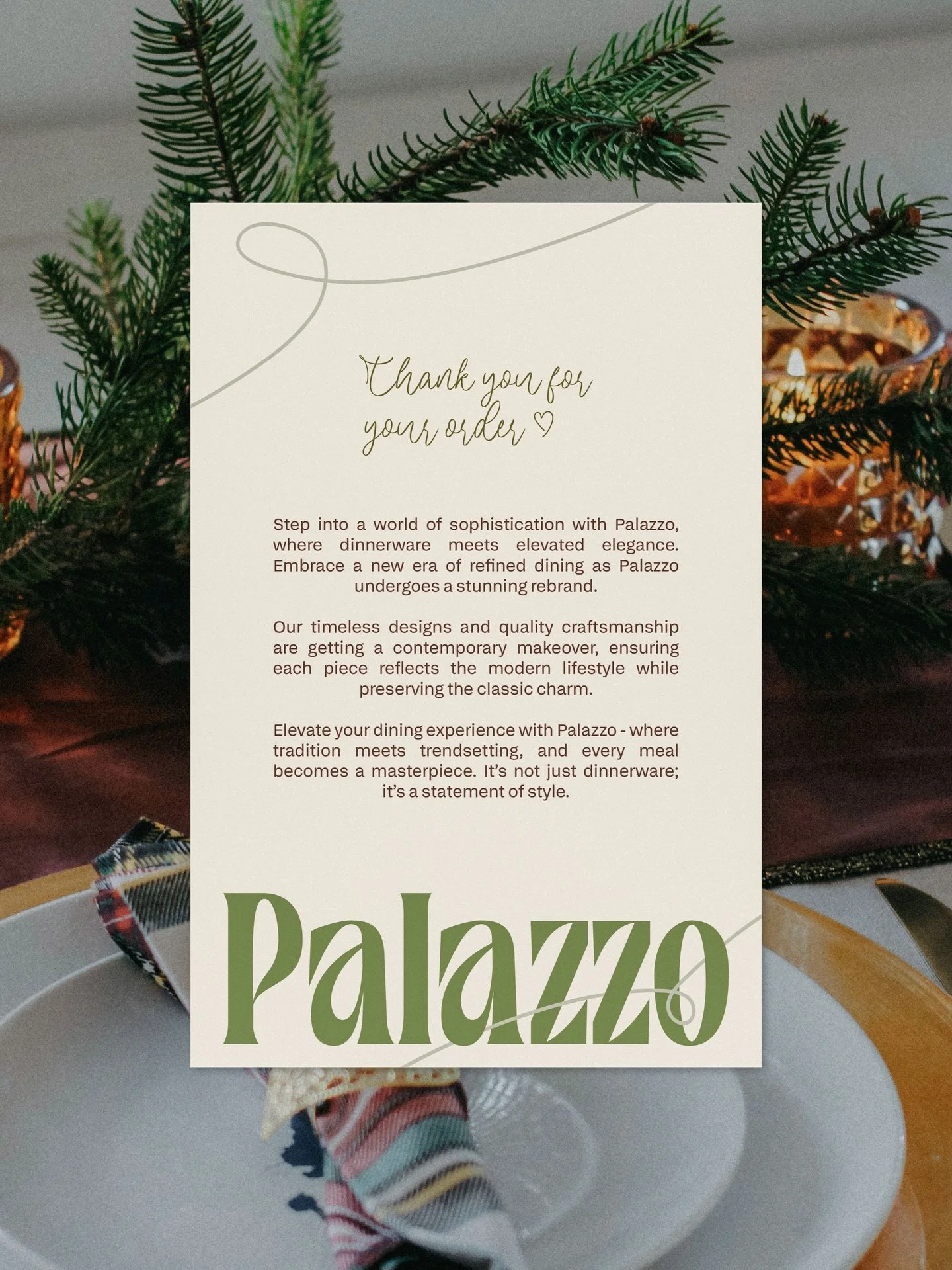 Brand Recap of Palazzo (2024): a branding for dinnerware that brings elevated elegance to the table. The main logo font contains some soft flowing lines, but also brings a certain edge with some sharp corners. A perfect match for this elegant yet bol