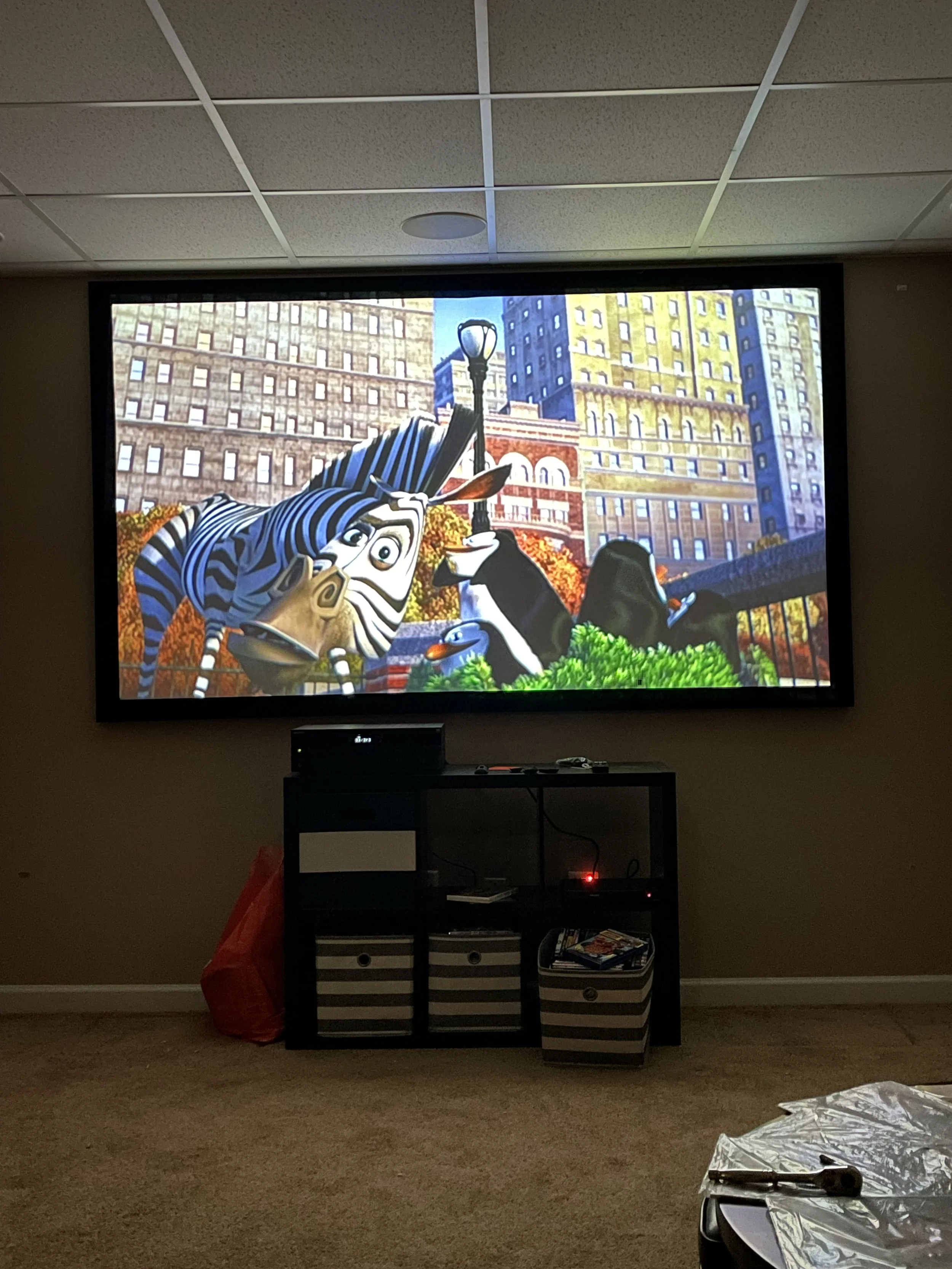 A scene from the animated movie 'Madagascar' showing a zebra and a lemur, with a cityscape background, displayed on a large TV screen in a living room.