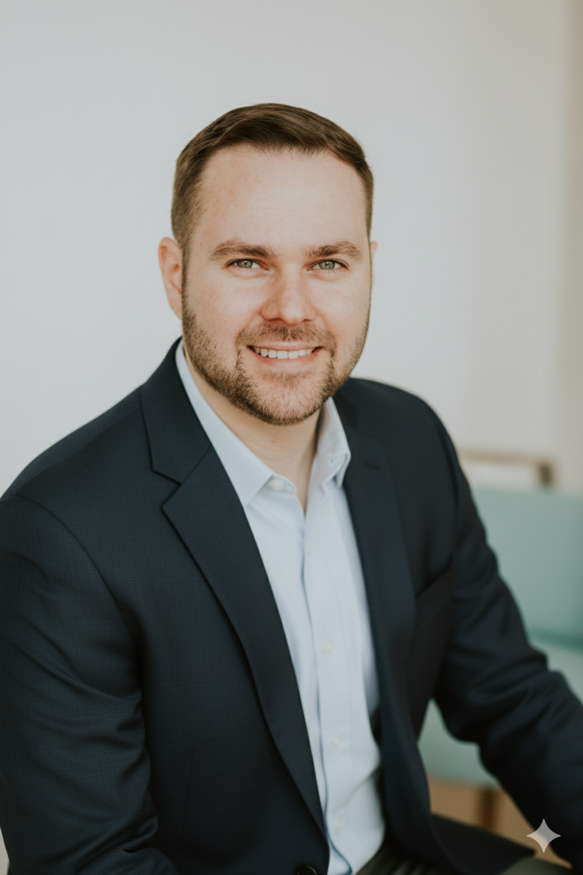 Michael Kamber from Restoration Soul care.  sitting and facing the camera. He's wearing light button up shirt and black sport coat.