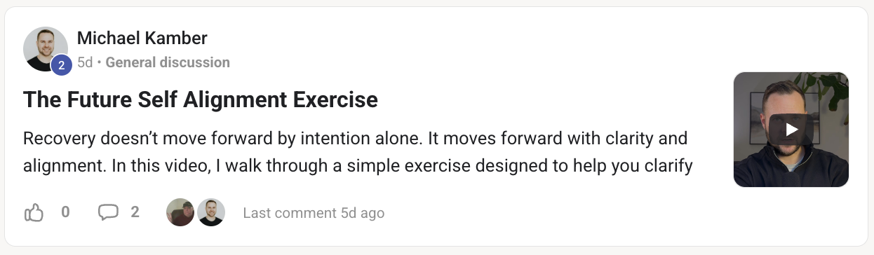 Screenshot of a LinkedIn post titled "The Future Self Alignment Exercise" with a video thumbnail showing a man with short hair and beard, wearing a dark hoodie, sitting indoors near a plant.