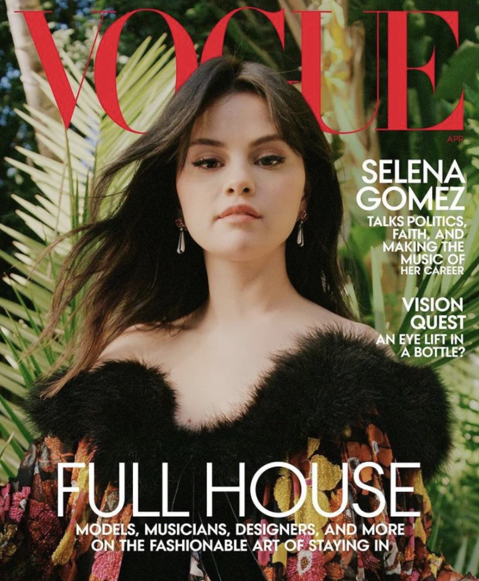 Cover photo of Vogue magazine featuring Selena Gomez wearing a colorful dress with black fur trim, earrings, and long dark hair, set against a green tropical background.