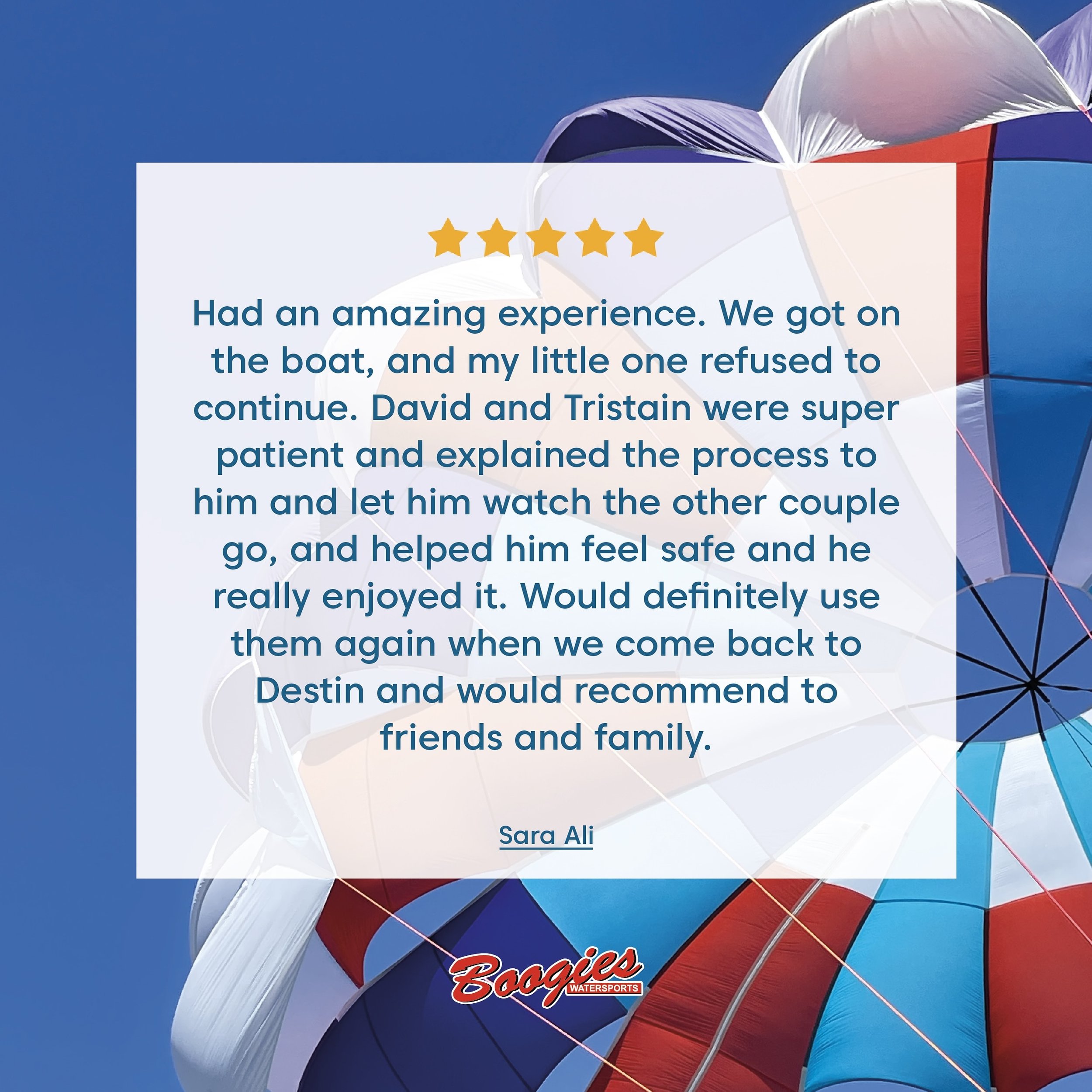 🪂✨ A huge shoutout to Sara for sharing her heartwarming parasailing experience with us, highlighting the exceptional care provided by David and Tristain! We take immense pride in ensuring every member of your family feels safe and cherished during t