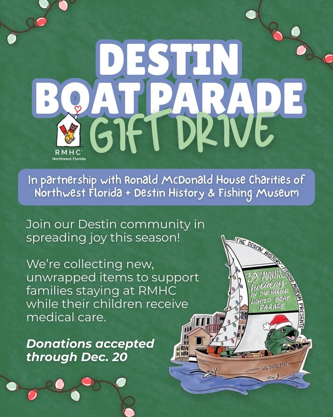 🤗 @Boogies_Watersports is proud to support the Destin Boat Parade Gift Drive in partnership with @RMHC_NWFl and @DestinHistory!

🎁 We&rsquo;re collecting new, unwrapped gifts to support families staying at @RMHC_NWFl while their children receive me