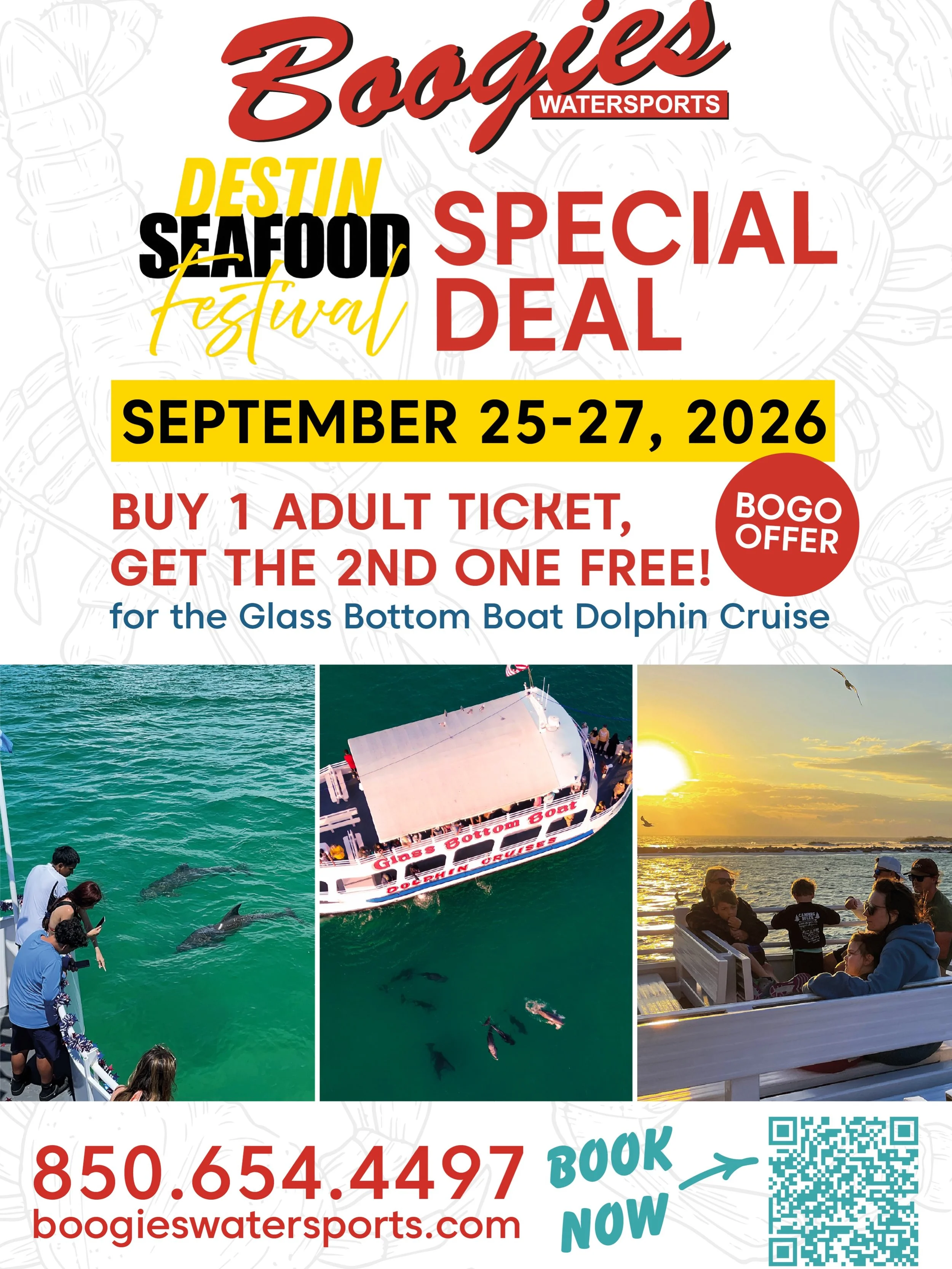 ‼️🚨🐬 FLASH DEAL ALERT!!!

😋🦐🦀 @DestinSeafoodFest is taking over @HWVDestin this weekend, and Boogies is adding a little something extra to the menu.

🗓️🤑🚢 3 DAYS. 5 CRUISES. ONE BOGO DEAL.

🎟️ Buy ONE adult Glass Bottom Boat Dolphin Cruise t