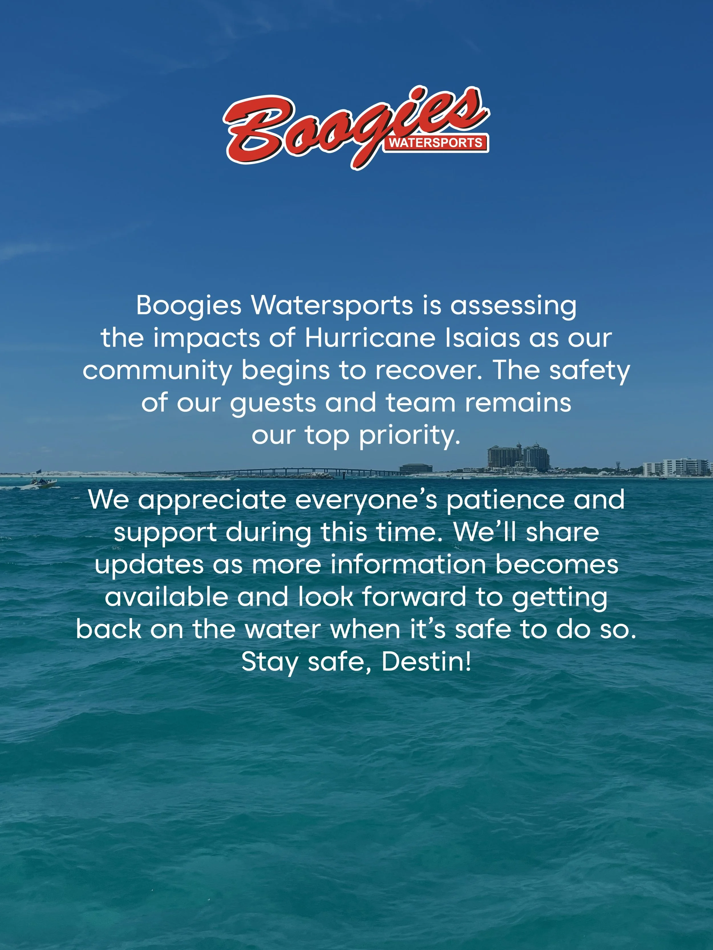 💙 As our Destin community begins recovering from Hurricane Isaias, we&rsquo;re assessing the impact and keeping the safety of our guests and team our top priority.

🤝🏻 We appreciate everyone&rsquo;s patience and support and will share updates as t