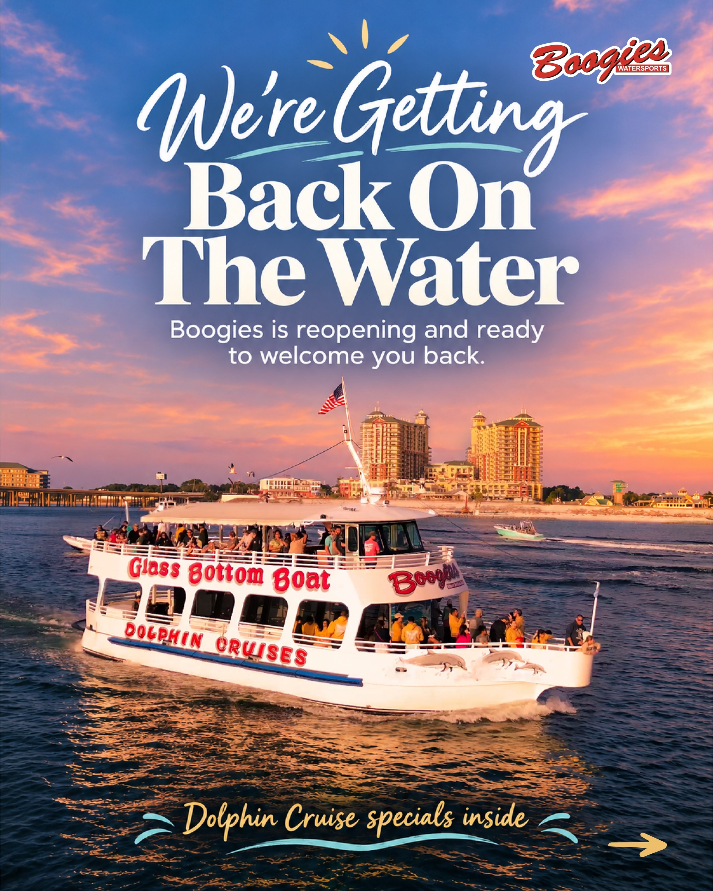 🥳🎉🌊 DESTIN, WE&rsquo;RE BACK!!!

📆 After Hurricane Isaias put our adventures on pause, we&rsquo;re officially reopening Thursday, October 15!

🪂 Parasailing
💨 Jet Ski Rentals
🚤 Pontoon Boat Rentals
🐬 Jet Ski Dolphin Tours
🚢 Glass Bottom Boat