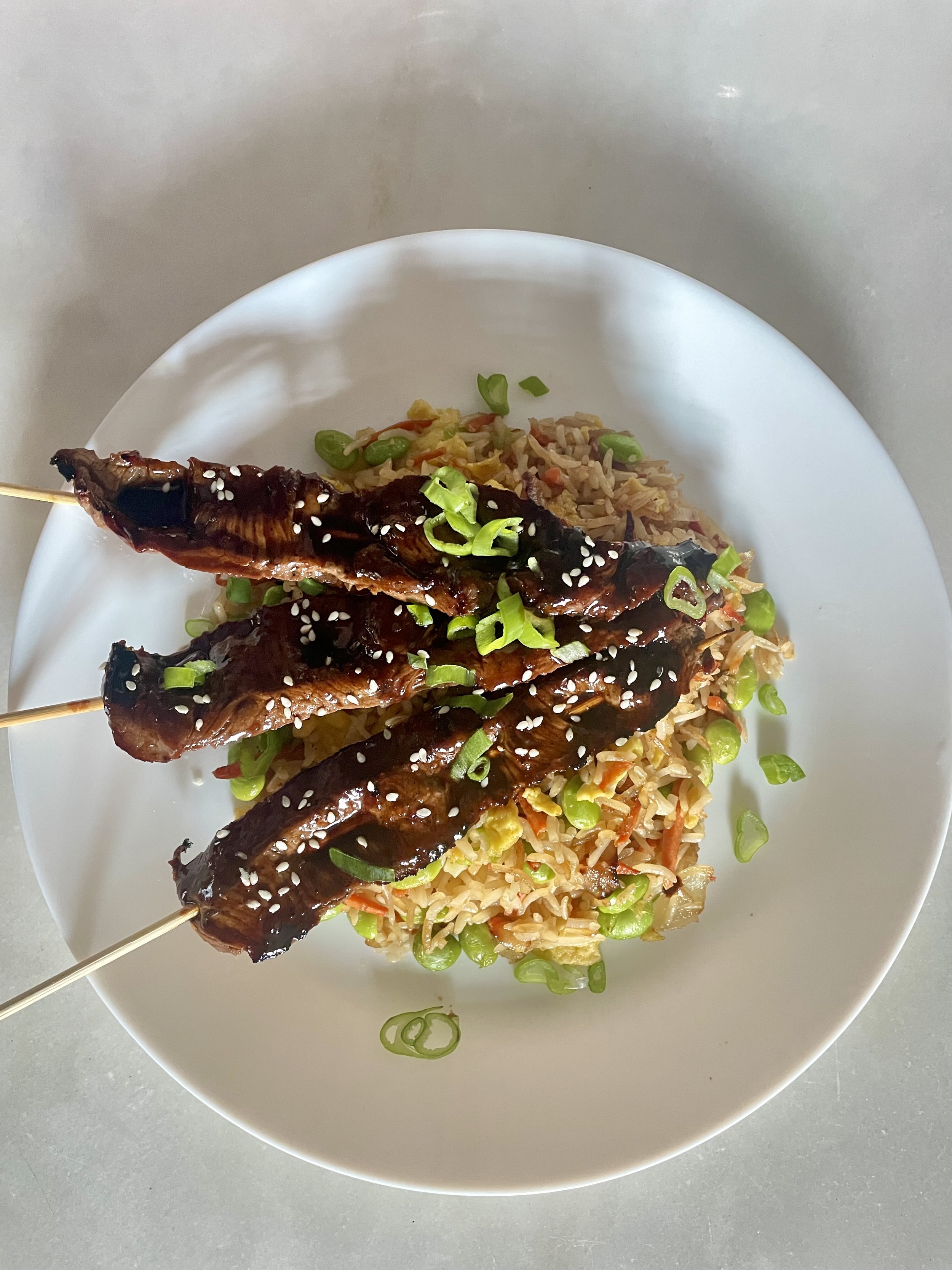 Teriyaki Beef Skewers over Fried Rice (GF)