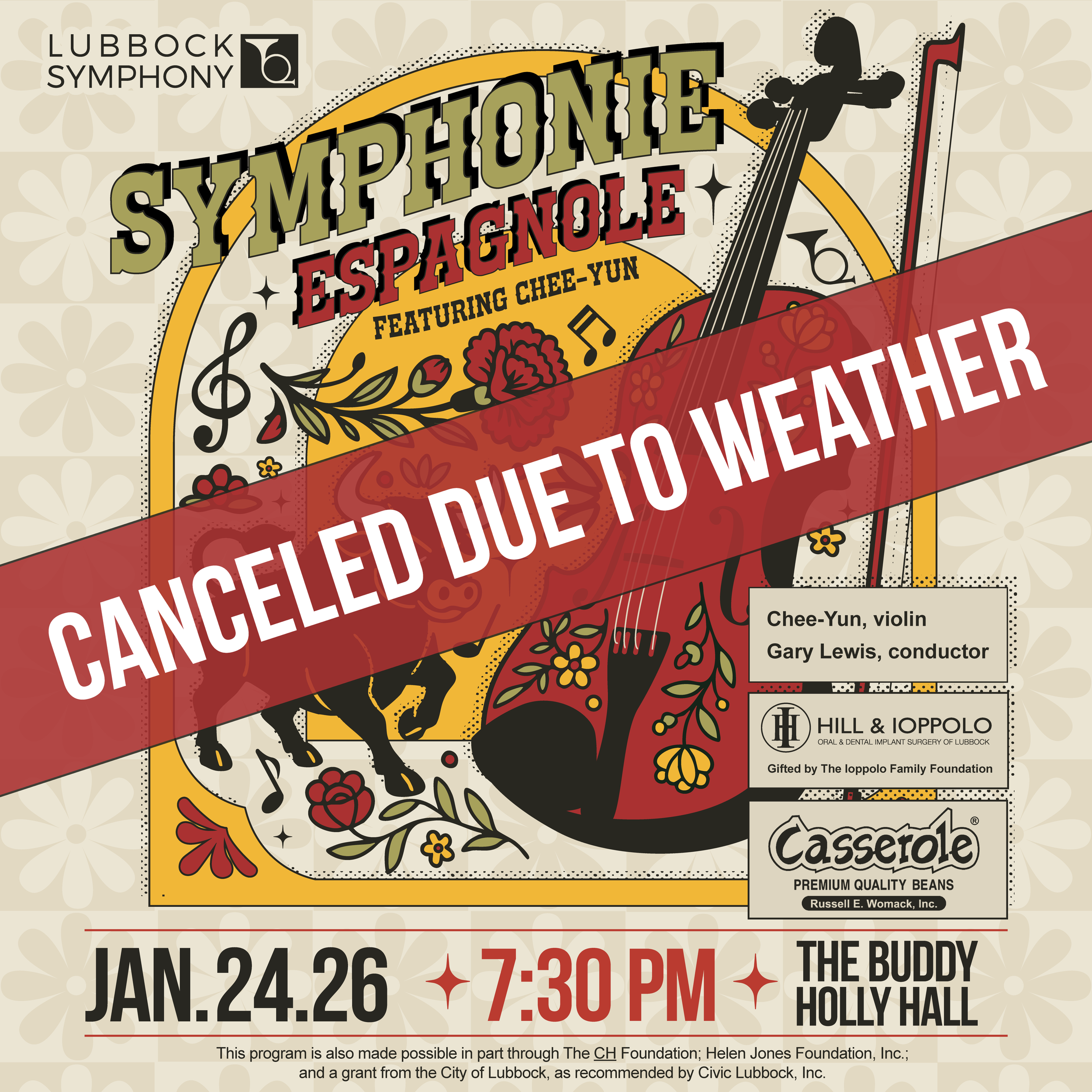 LUBBOCK SYMPHONY JANUARY 23 &amp; 24 PERFORMANCES CANCELED DUE TO WEATHER