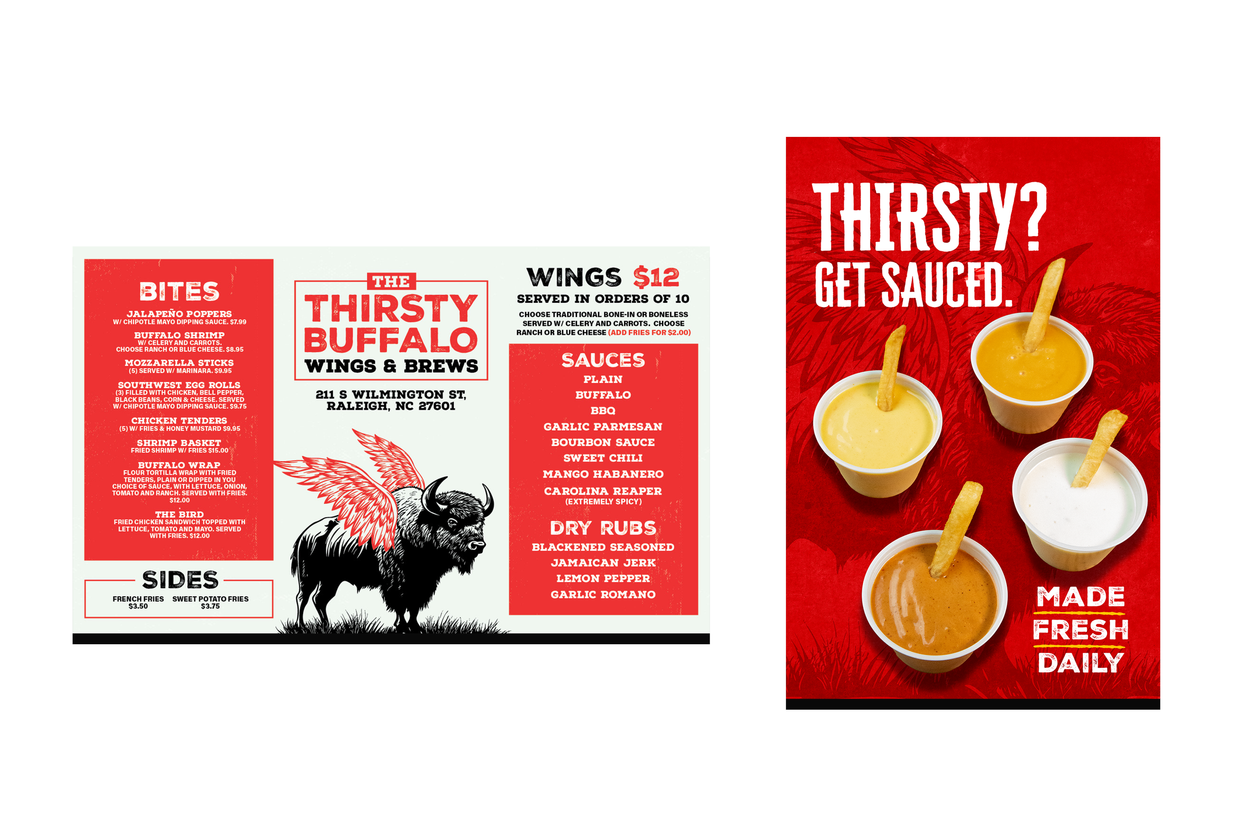 Part of a restaurant menu featuring buffalo wings with various sauces, sides such as French fries and sweet potato fries, and descriptions of flavors like garlic parmesan and lemon pepper. The menu includes prices and an illustration of a buffalo head.