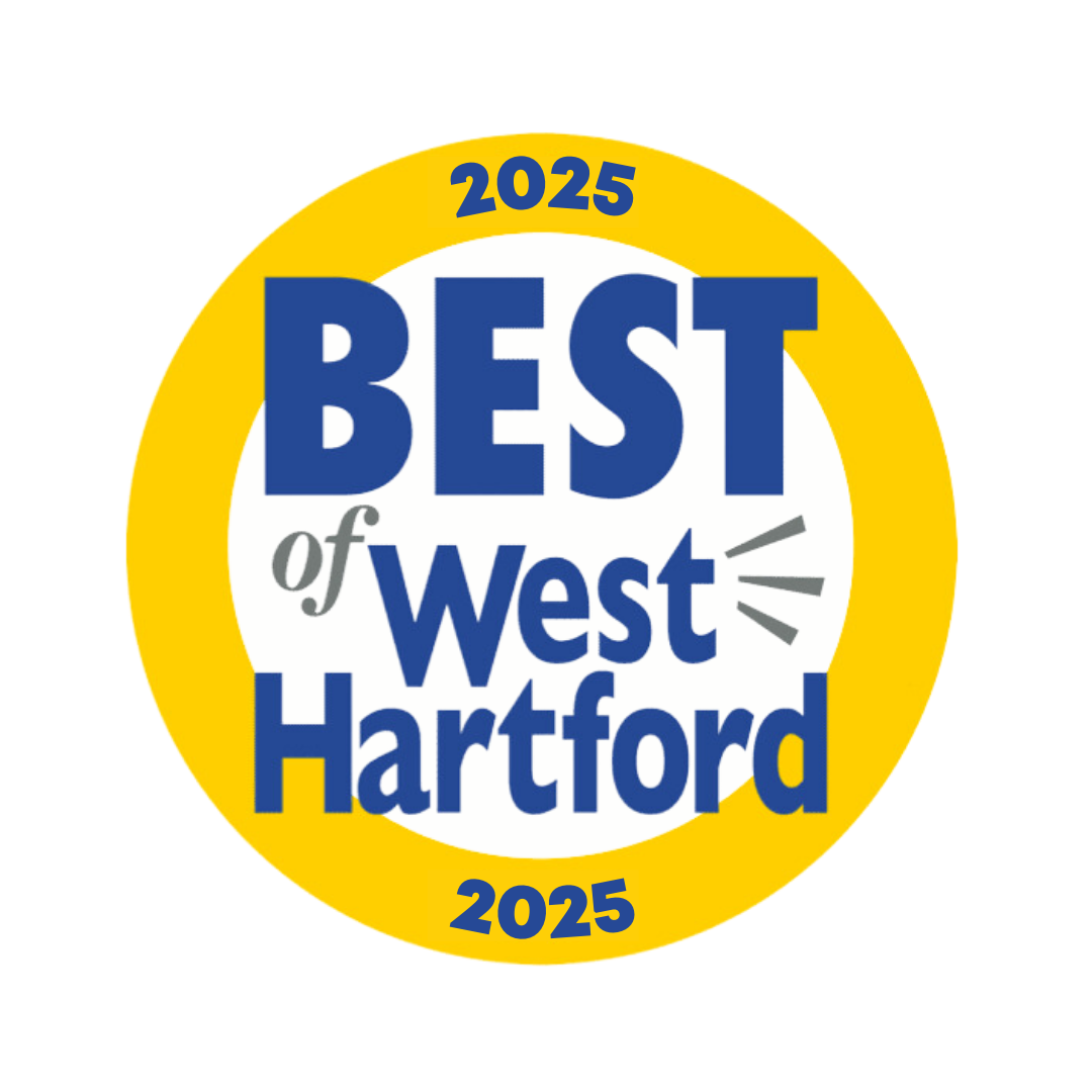 Yellow circular badge with blue and gray text that reads 'Best of West Hartford 2025'.