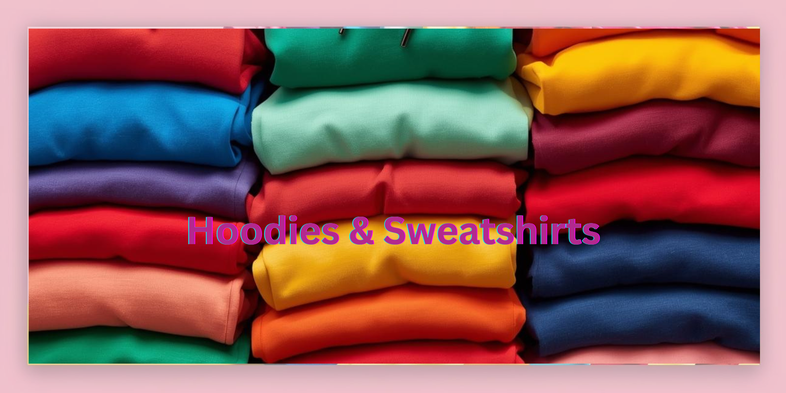 Colorful folded hoodies in various colors arranged in a swirl pattern with the text  Hoodies Sweatshirt' overlaid.