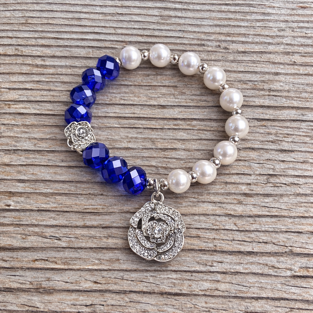 Blue Crystal & Pearl Rose Charm Bracelet