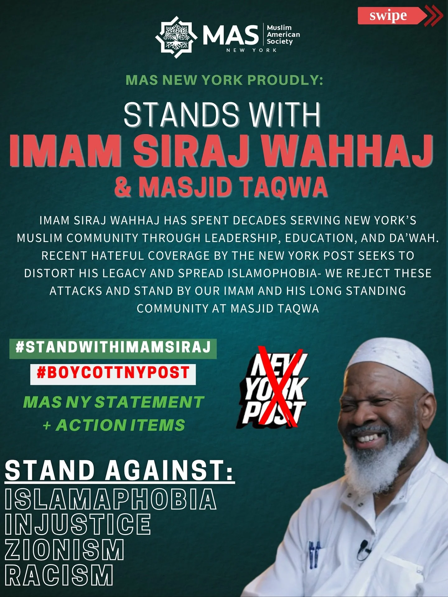 MAS New York stands firmly with Imam Siraj Wahhaj, a pillar of leadership, da’wah, and justice in our city, against the Islamophobic attacks by the New York Post.
We reject their hateful campaign to attack Muslim leaders and call on our commun