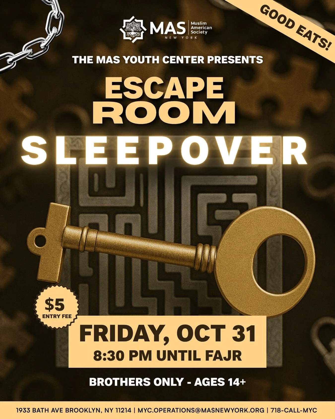 π¨ Escape Room Sleepover at MYC! π¨
Ready for a night of mystery, games, and unforgettable vibes? π΅οΈ‍βοΈπ‘
π
 Oct 31 | 8:30 PM – Fajr
π° Only $5 — includes amazing food, challenges, and surprises! ππ₯
Bring your friends, test your
