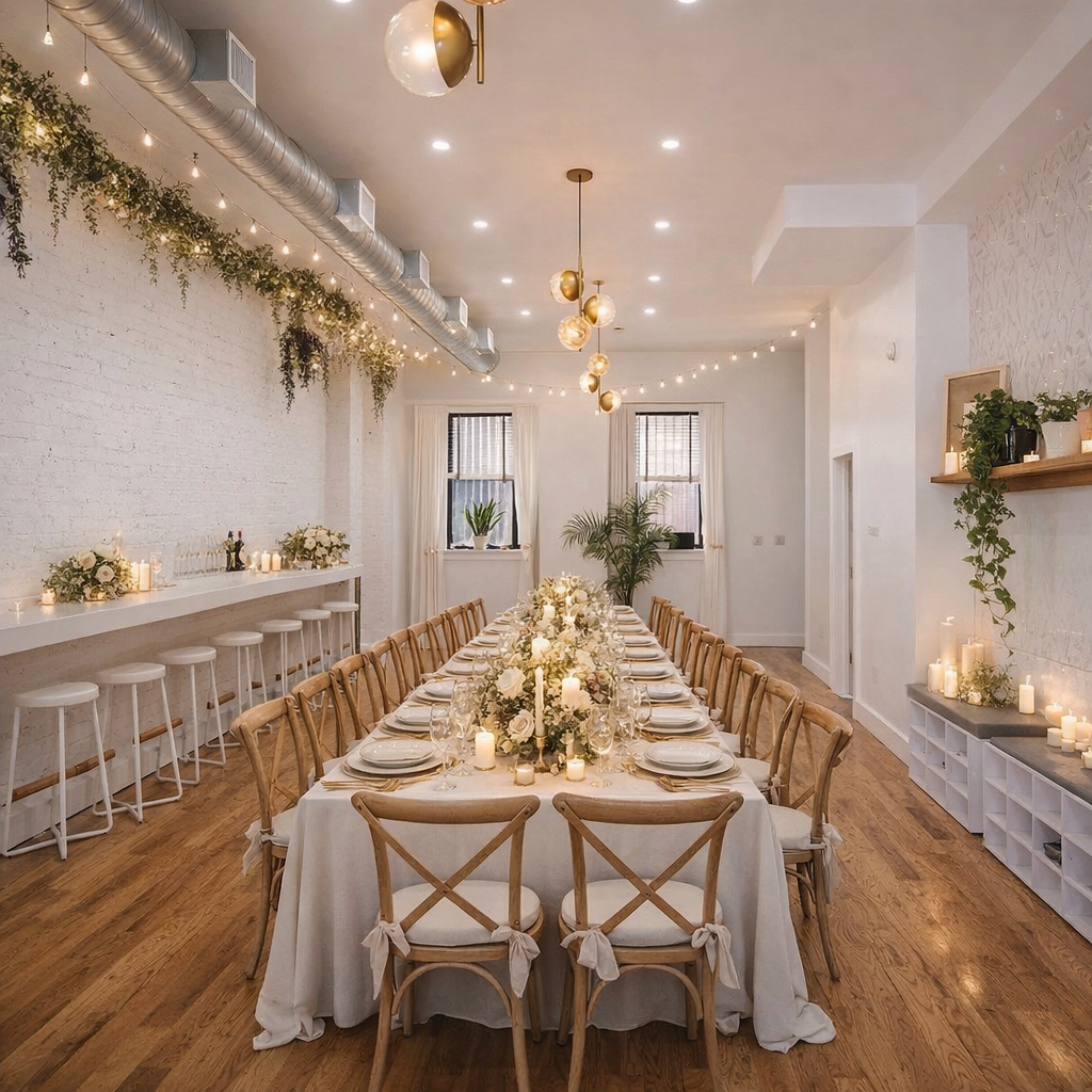 Long table dinner setup inside The Brooklyn Wellness Club main studio