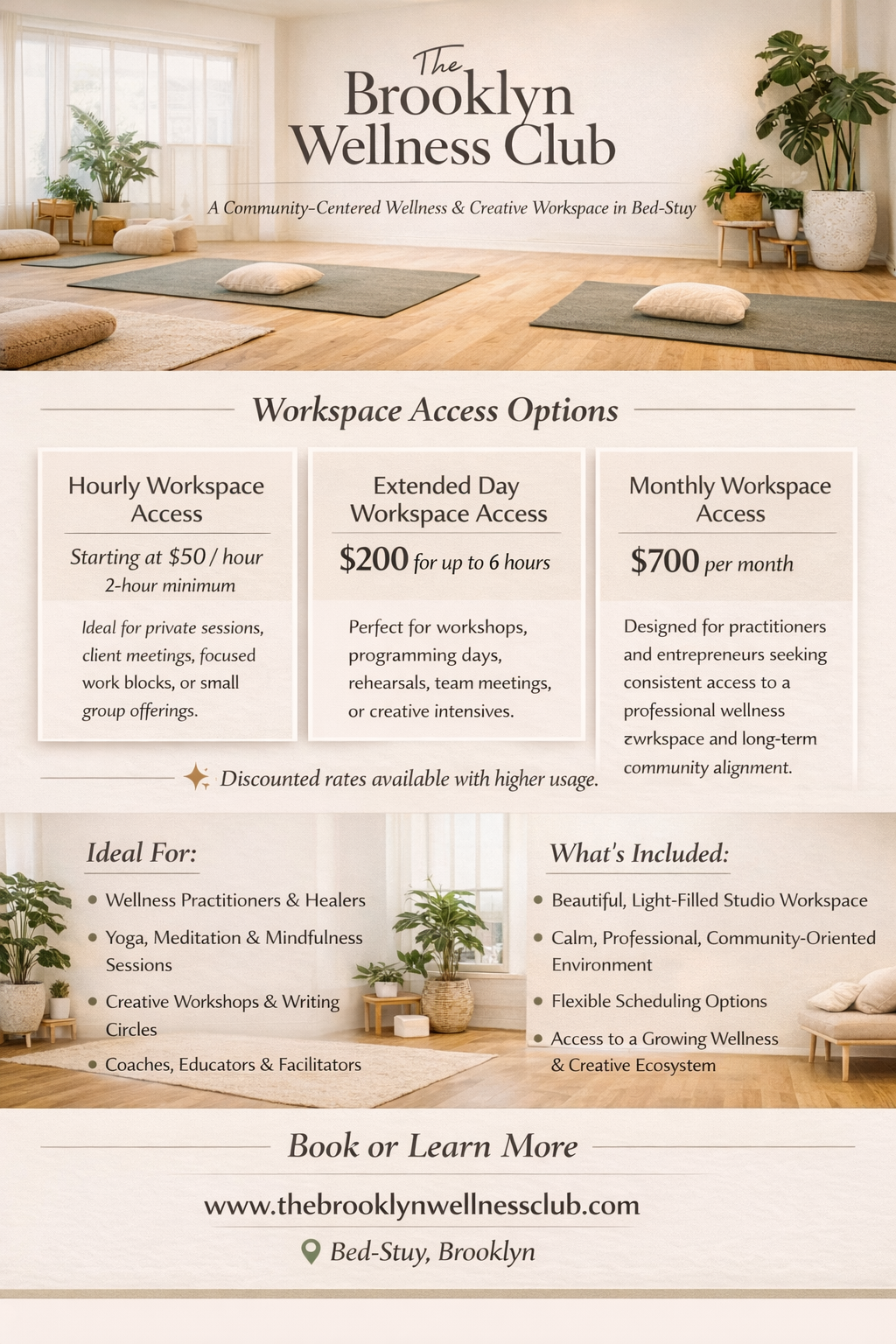 Flyer for Brooklyn Wellness Club promoting community-centered wellness workspace options including hourly, extended day, and monthly access in a bright studio with green plants, large windows, and minimal decor.