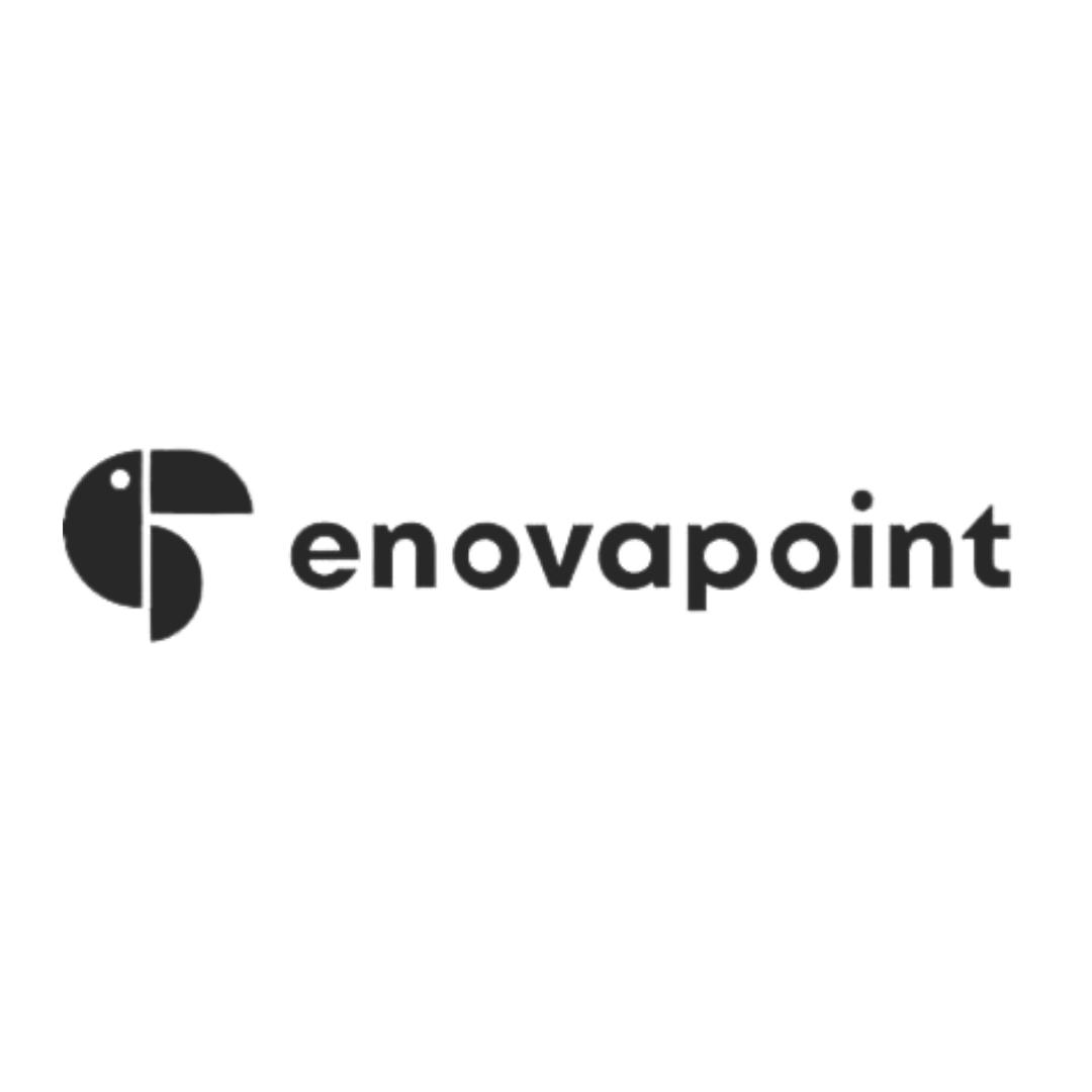 Enovapoint logo, black and white, circular icon with a stylized letter 'e'.