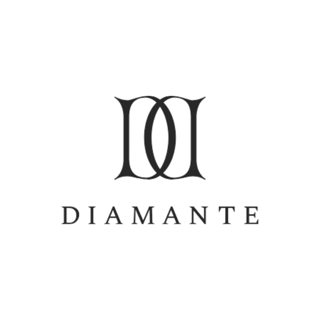 A black and white logo of a jewelry brand named Diamante with an ornate interlocking double D symbol above the word Diamante.