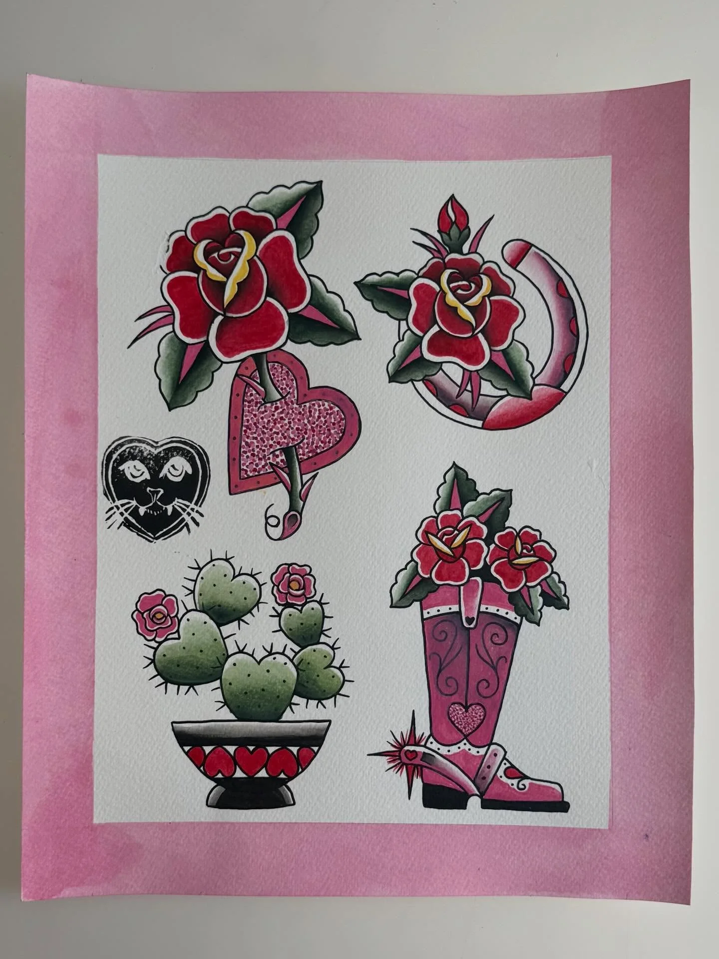 Hand painted Valentines flash! 💕💗💘 dm me to snag one! All designs are repeatable, dm me for price inquiries.  #valentinestattoos #austintattooartist #tattooshop