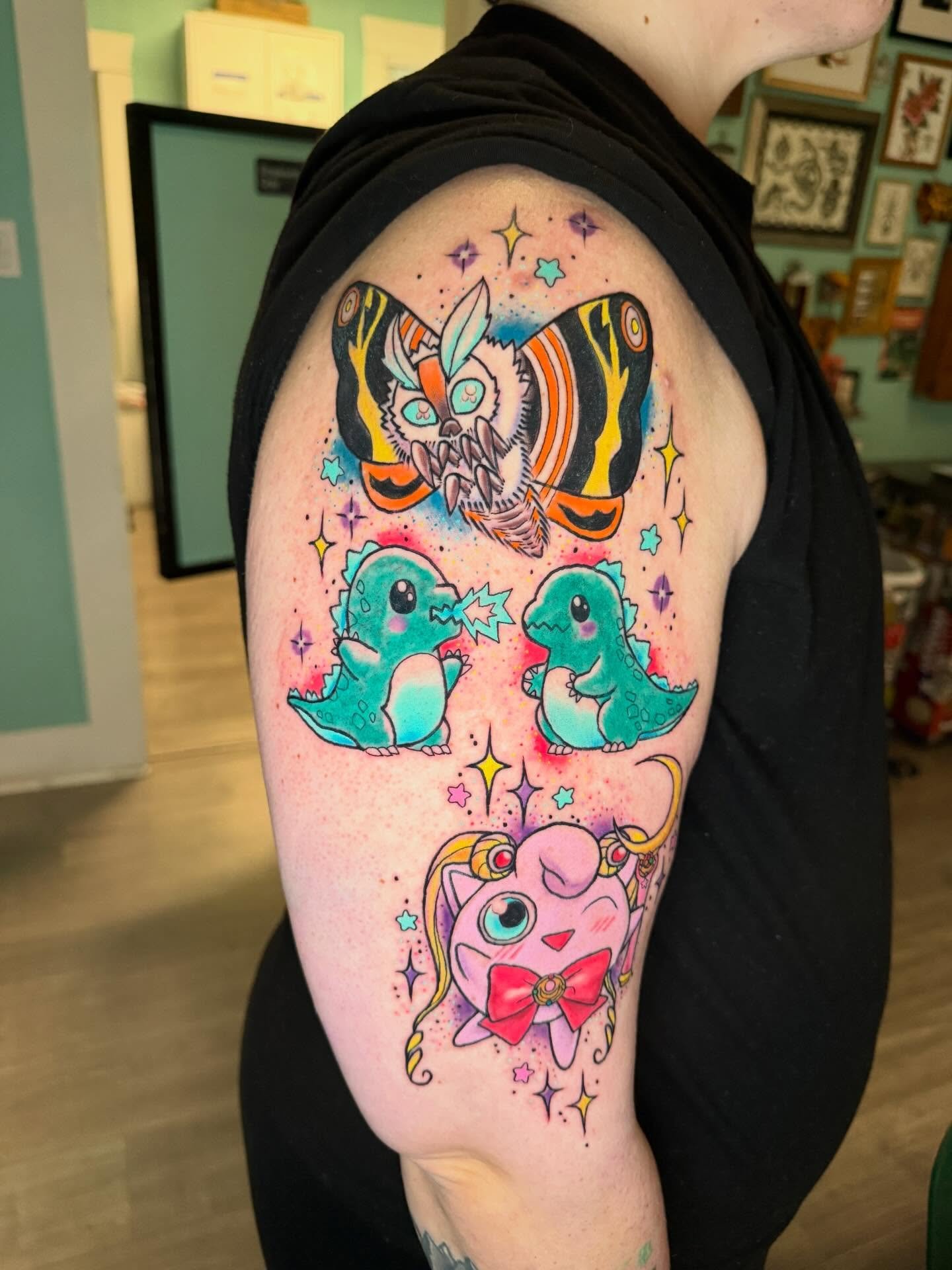 Wooooow this was so much fun. All done in about 6 hours. I loved adding all the lil glittery bits. #tattooartistaustin #tattooshopaustin #cutetattoos
