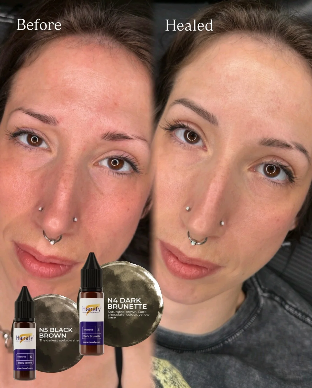 HEALED work using @hanafycolourspigments 🖤. 

Utterly obsessed with how these petite power brows healed (and her cutie eyebrow slit!!). At her 6-8 week touch up we built upon her healed based. With the proper sun protection and care, she&rsquo;ll be