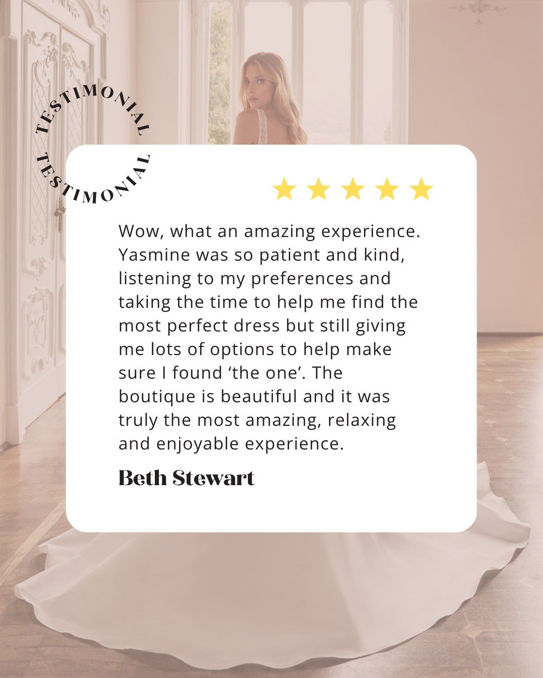 Thrilled to share this glowing 5-star review from one of our lovely brides! 💖 Your dress journey deserves to be extraordinary, and we're here to make that happen.

To all the brides-to-be: don&rsquo;t miss out on your VIP experience! Book your appoi