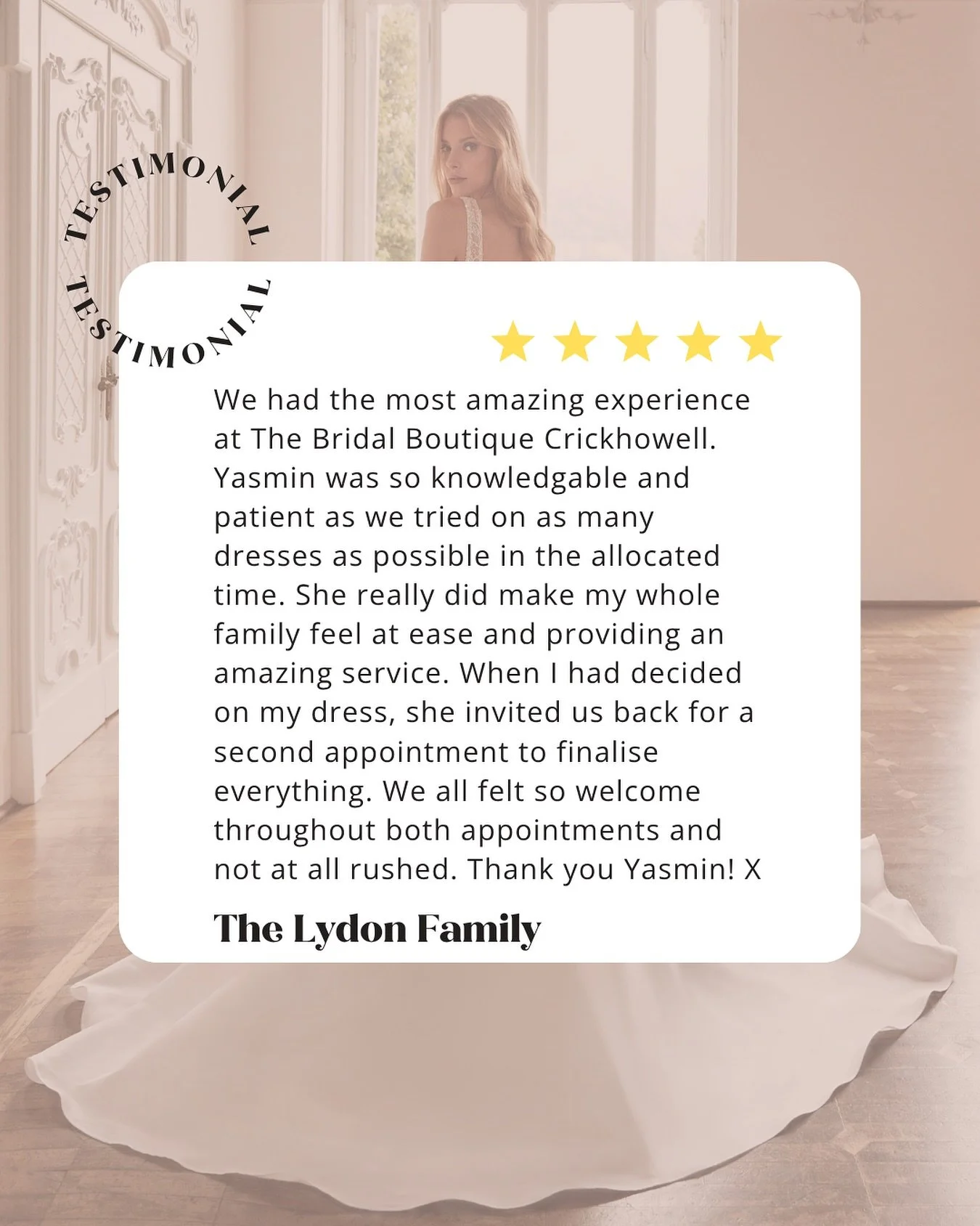 Five 🌟 reviews always put a smile on our faces, and we&rsquo;re so grateful! If you&rsquo;re still on the hunt for your dream dress, see what our brides have said about working with us. Booking an appointment is the perfect place to start your journ