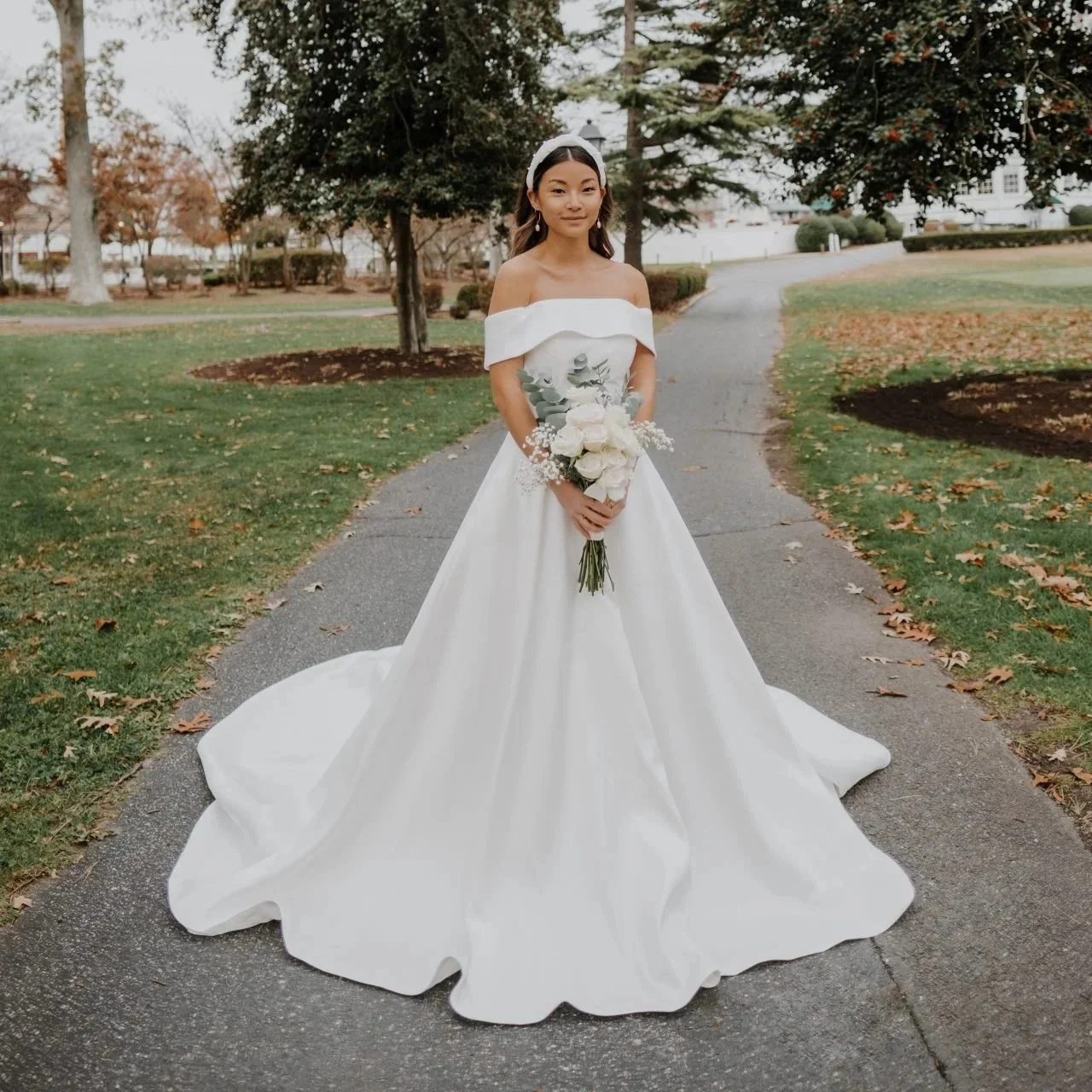 Timeless A-Line Wedding Dress with Off-the-Shoulder Neckline - A-Line wedding dress with Mikado fabric