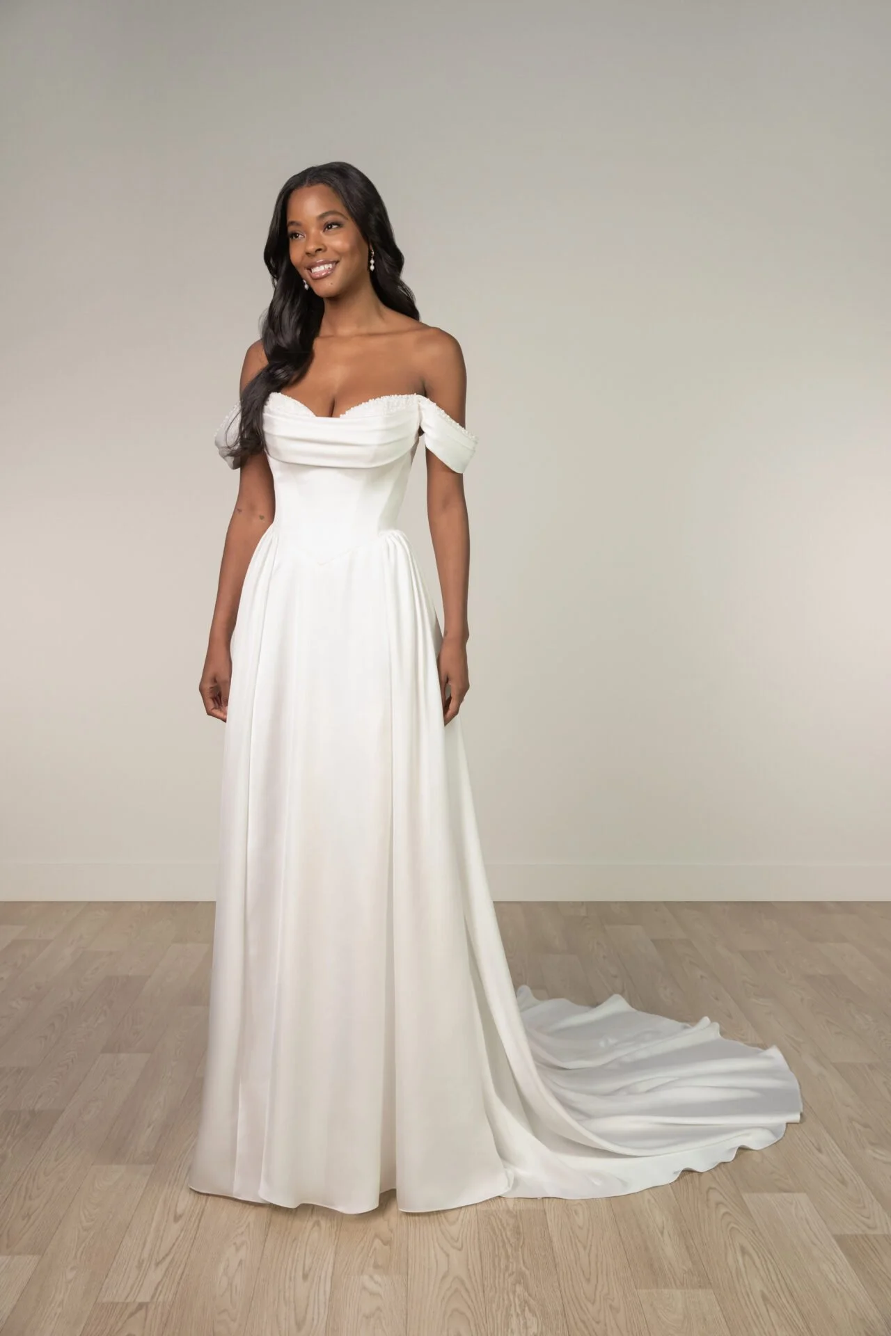 Stella York SY8236 Wedding Dress. A-line wedding dress with smooth satin and pearl embellished sweetheart neckline.