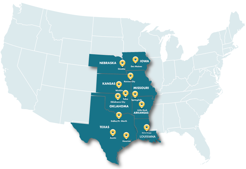 Furniture Options, serving 13 cities in 11 states, each marked with a star: Omaha, Kansas City, Oklahoma City, Dallas/Fort Worth, Austin, Houston, Little Rock, Springfield, Des Moines, Iowa, Baton Rouge, New Orleans, and Memphis.