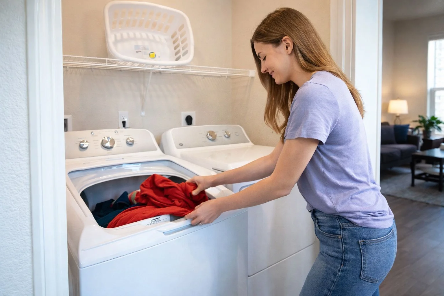 Apartment resident doing laundry with washer & dryer from Furniture Options