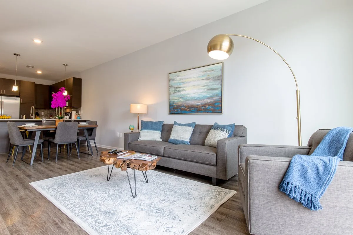 Example of Furniture Options Lifestyle Collection living room with gray sofa, blue and white pillows, a wooden coffee table, a white area rug, a floor lamp with a gold arc, and a dining table with a gray chair.