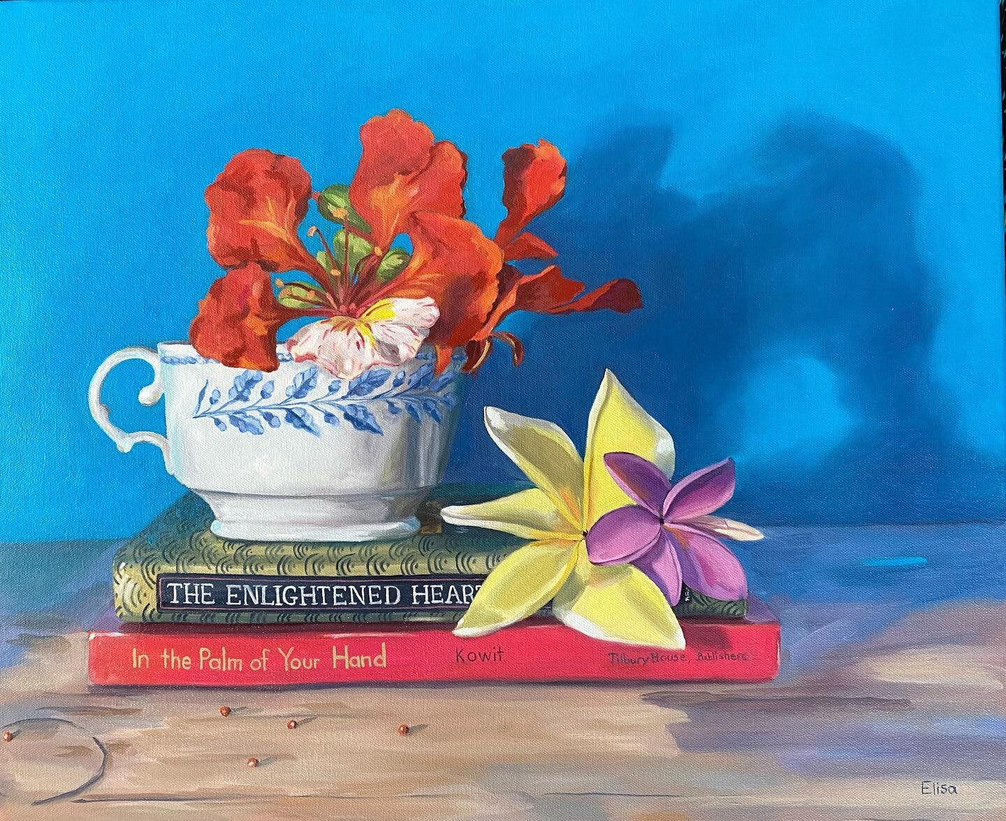 This painting is all the colors of summer with flamboyants and frangipanis. &ldquo;The Enlightened Heart&rdquo; available at Bajo El Sol, St. John. #stjohnusvi #islandlife #oilpainting #stilllifepainting #realism #womenartistsofinstagram #usvirginisl