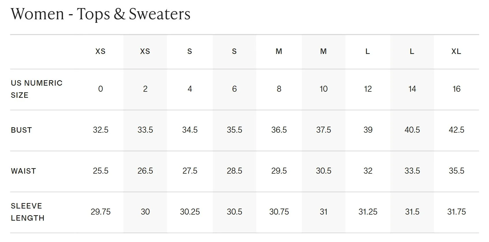 A size chart for women's tops and sweaters with measurements in inches for bust, waist, and sleeve length across various sizes from XS to XL.