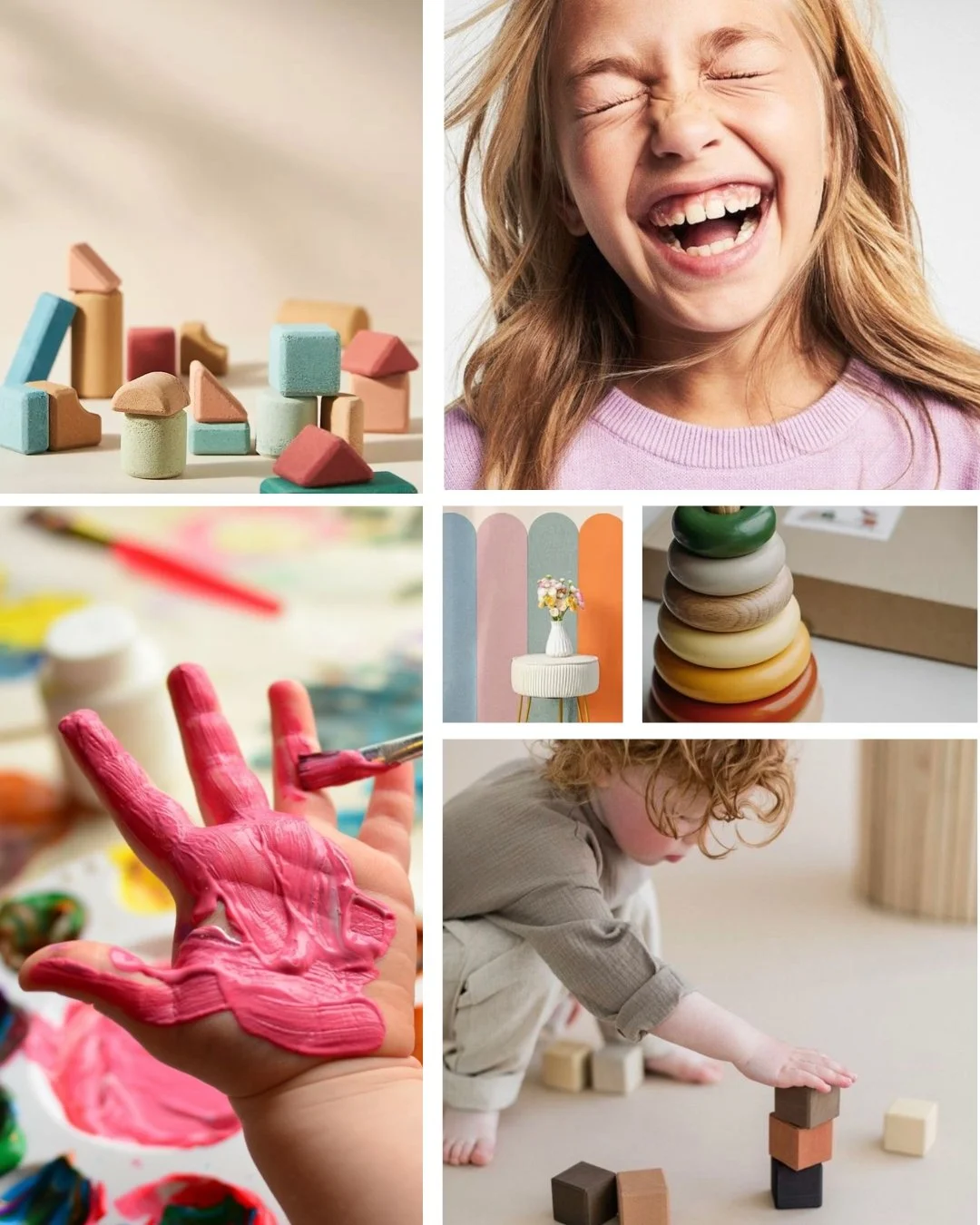 Moodboard für das Branding einer ergotherapeutischen Praxis für Kinder. Gezeigt werden Farben, Materialien und Gestaltungseindrücke, die als Grundlage für das spätere Erscheinungsbild dienen.