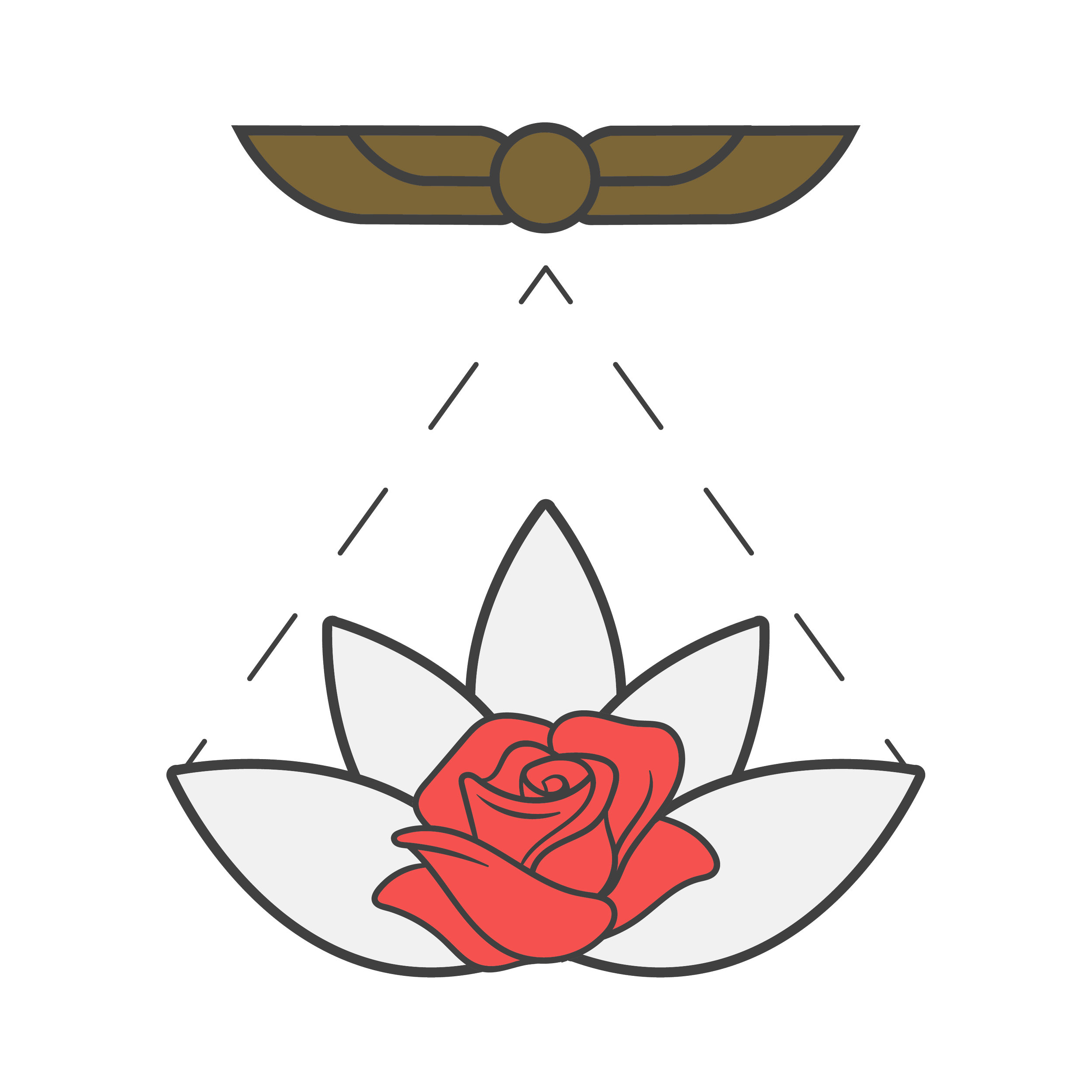 Logo of a rose within a lotus flower, with Egyptian wings above, connected by triangle lines.