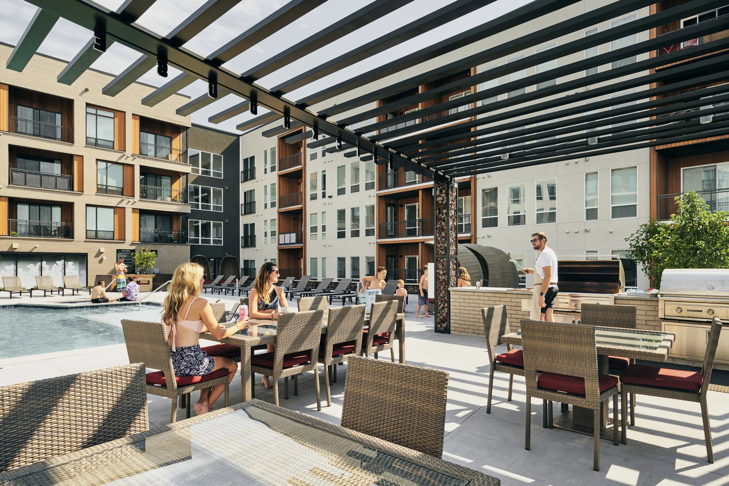 Exterior architectural photograph by professional photographer Brad Nicol based in Denver, Colorado showing a multifamily property pool amenity exterior in Denver.