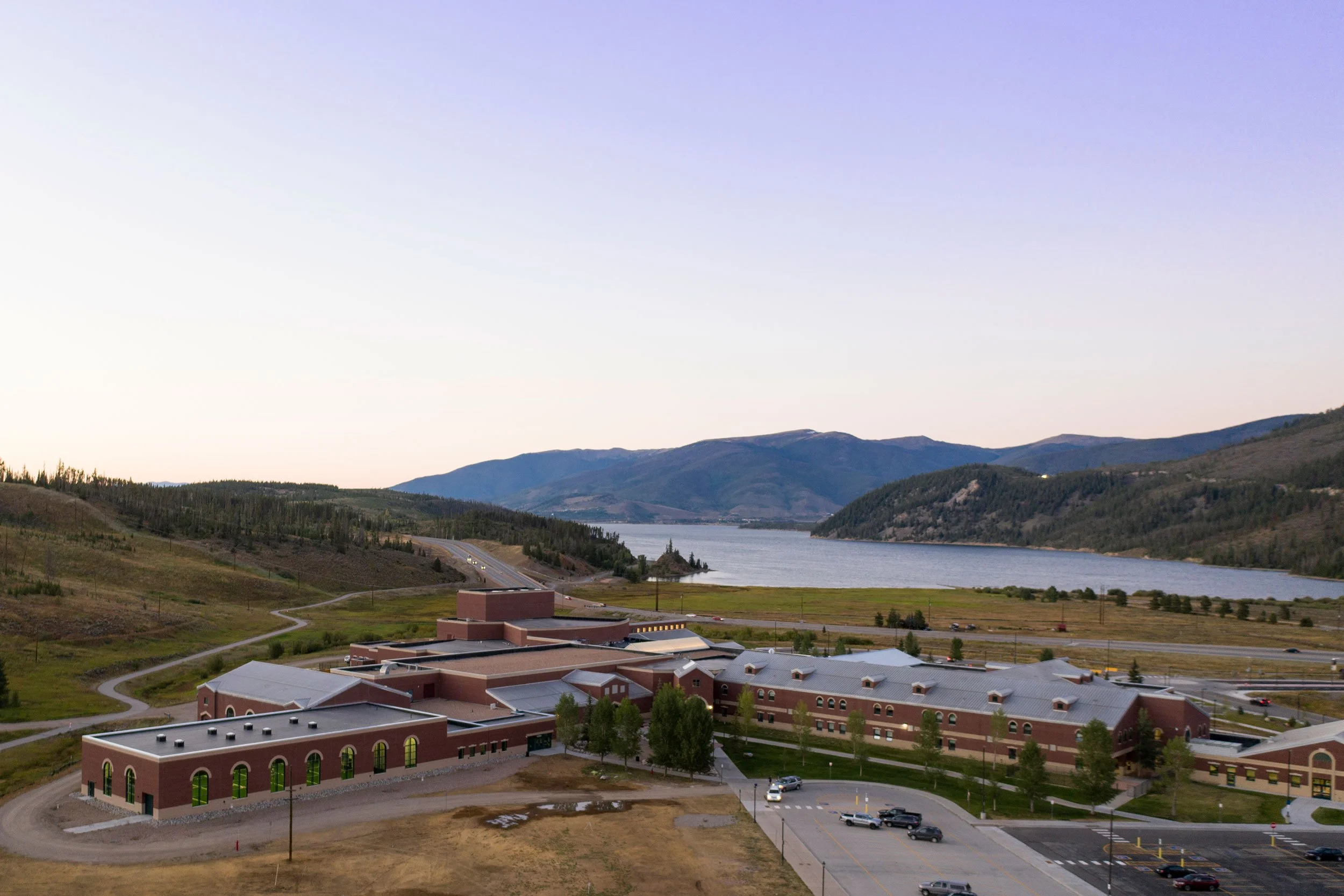 Exterior aerial drone image by licensed drone operator and architectural photographer Brad Nicol Photography of a school campus in Breckenridge, Colorado.